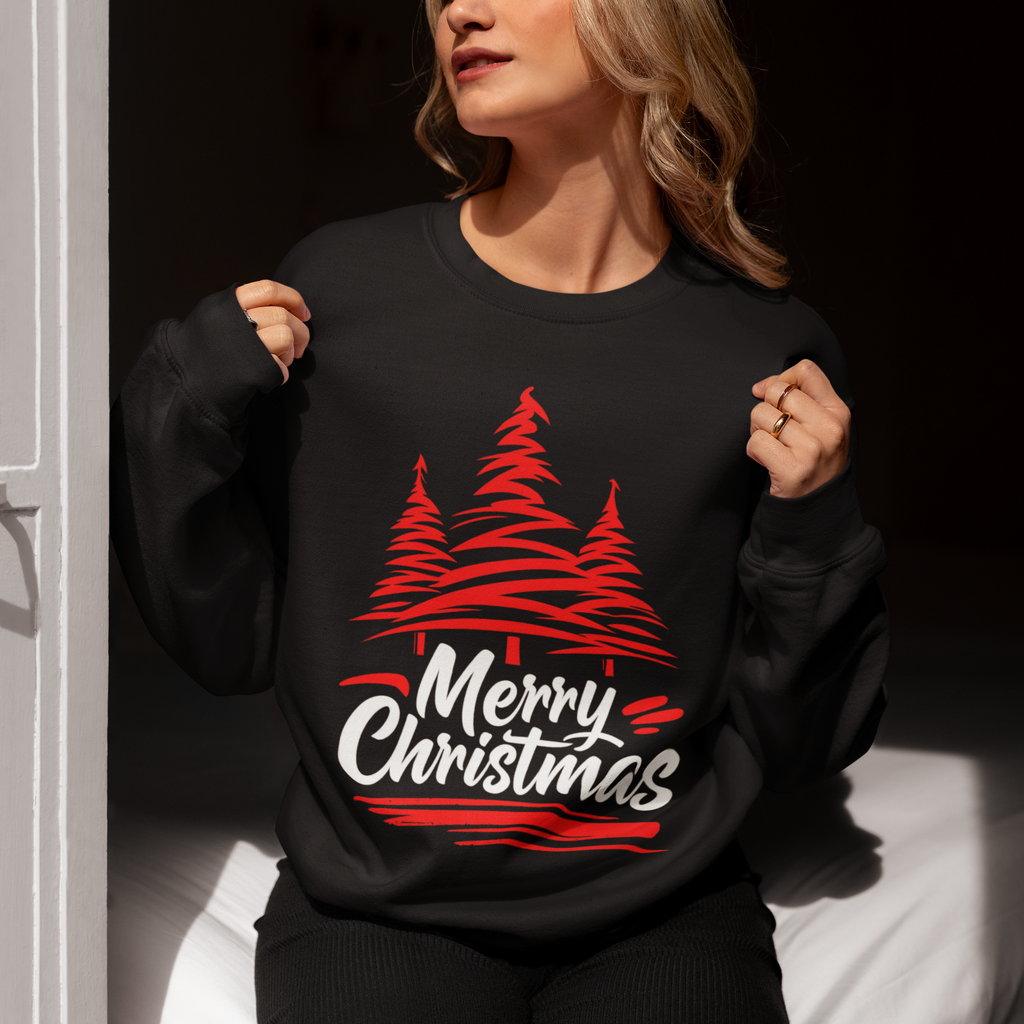 Merry Christmas Crewneck Sweatshirt — Red Tree Holiday Sweatshirt