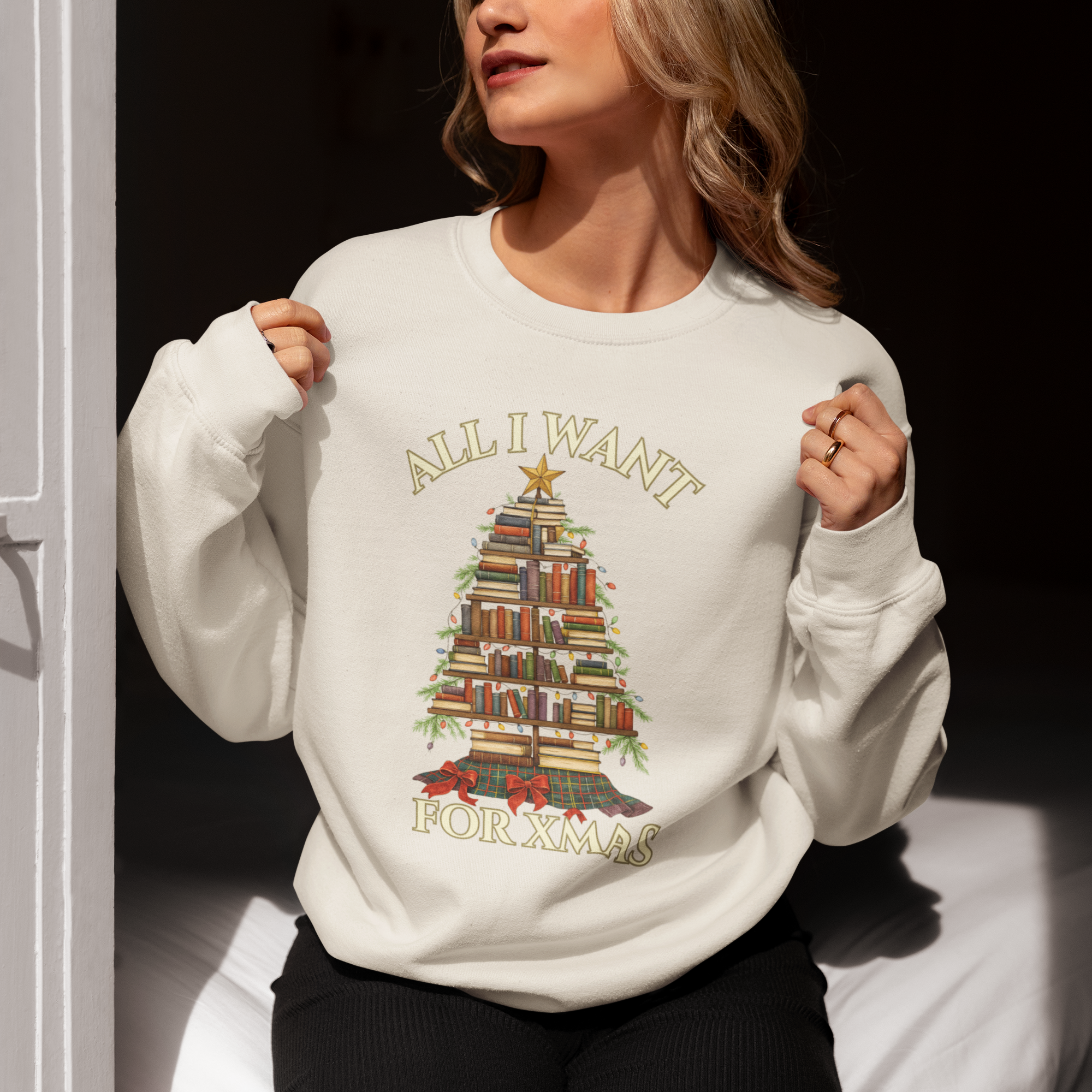 Christmas Book Lover Crewneck Sweatshirt - 'All I Want for XMAS'