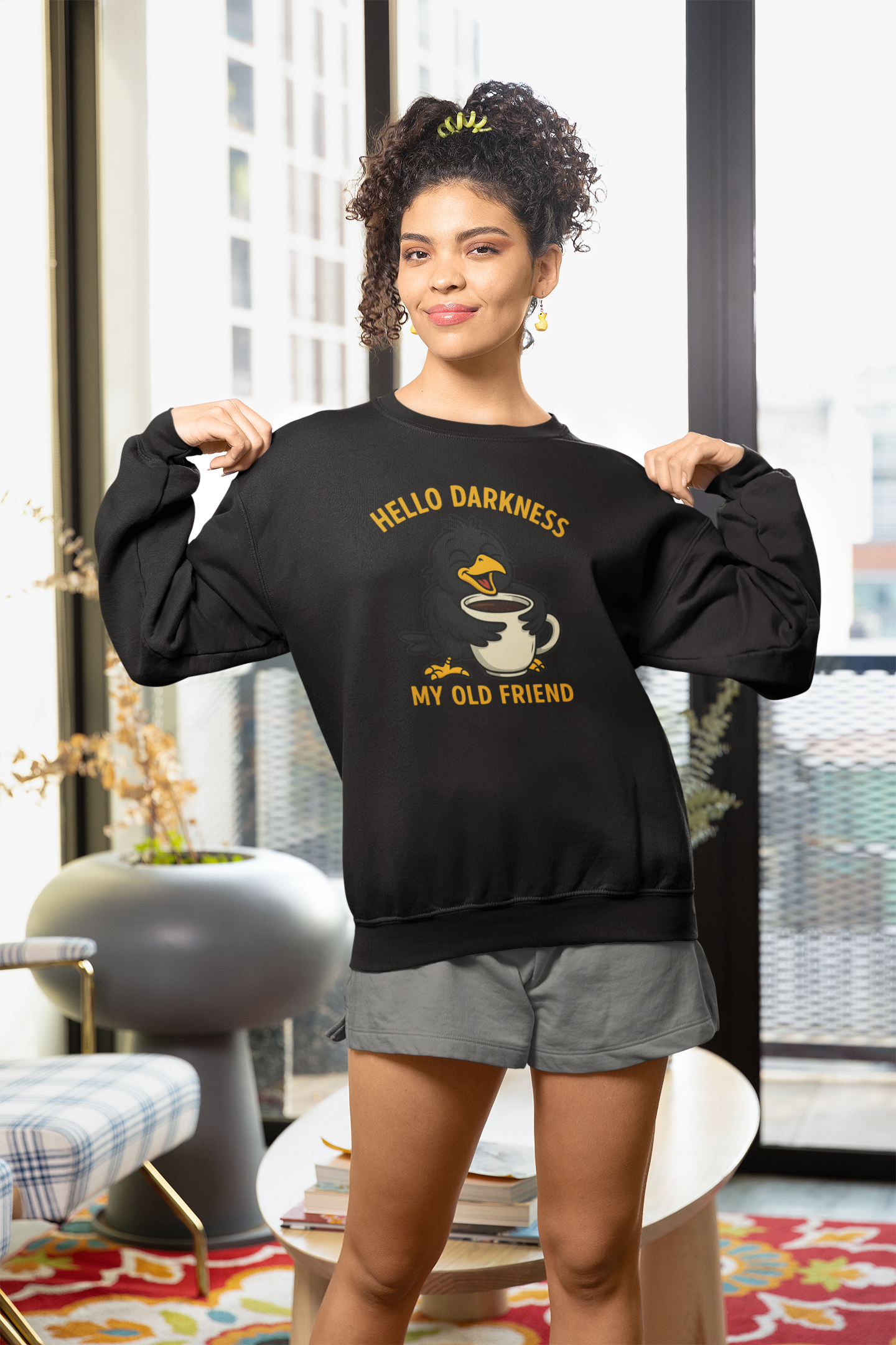 Coffee Crow Sweatshirt — "Hello Darkness My Old Friend" Cozy Pullover