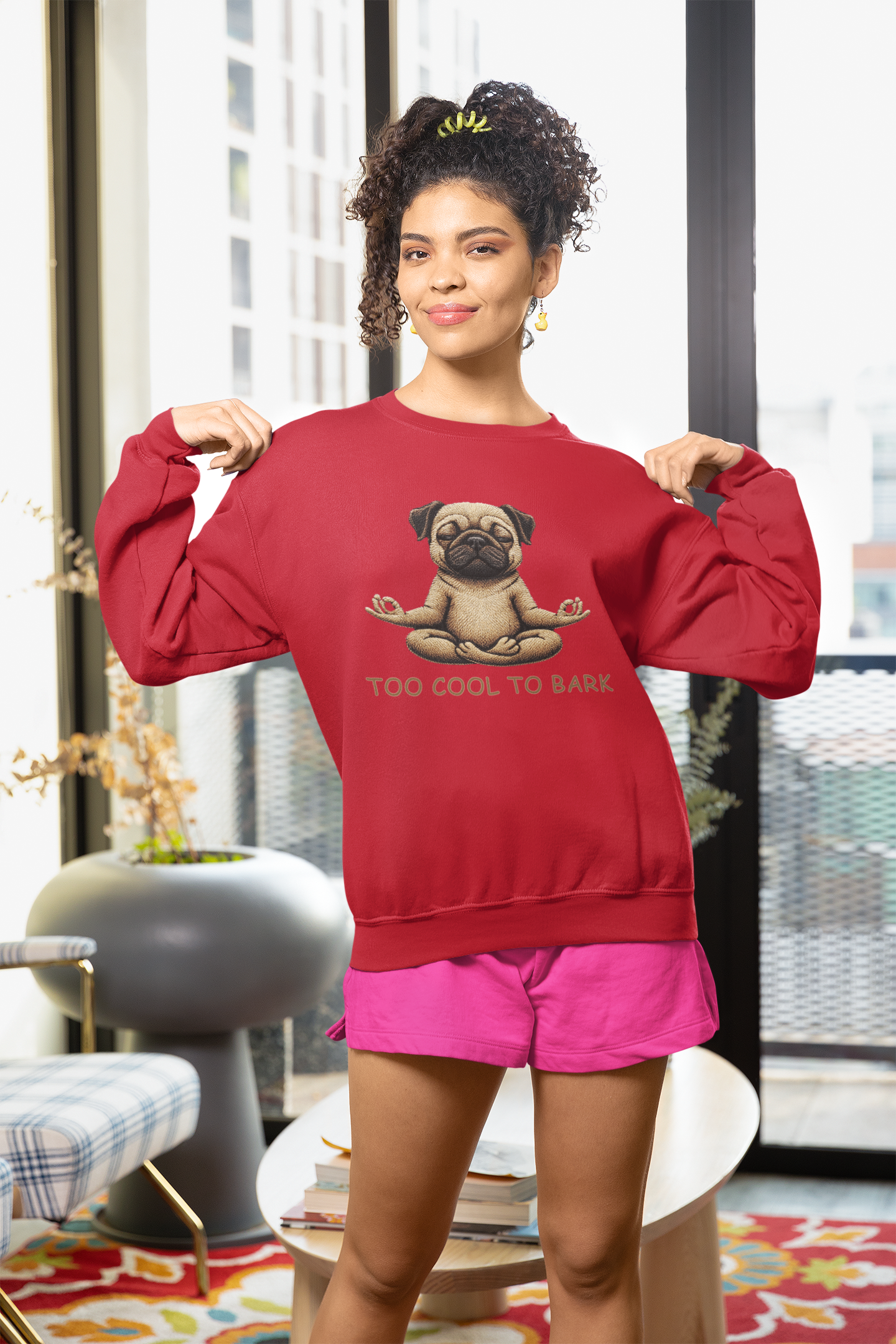 Pug Yoga Sweatshirt – "Too Cool to Bark" Cozy Crewneck
