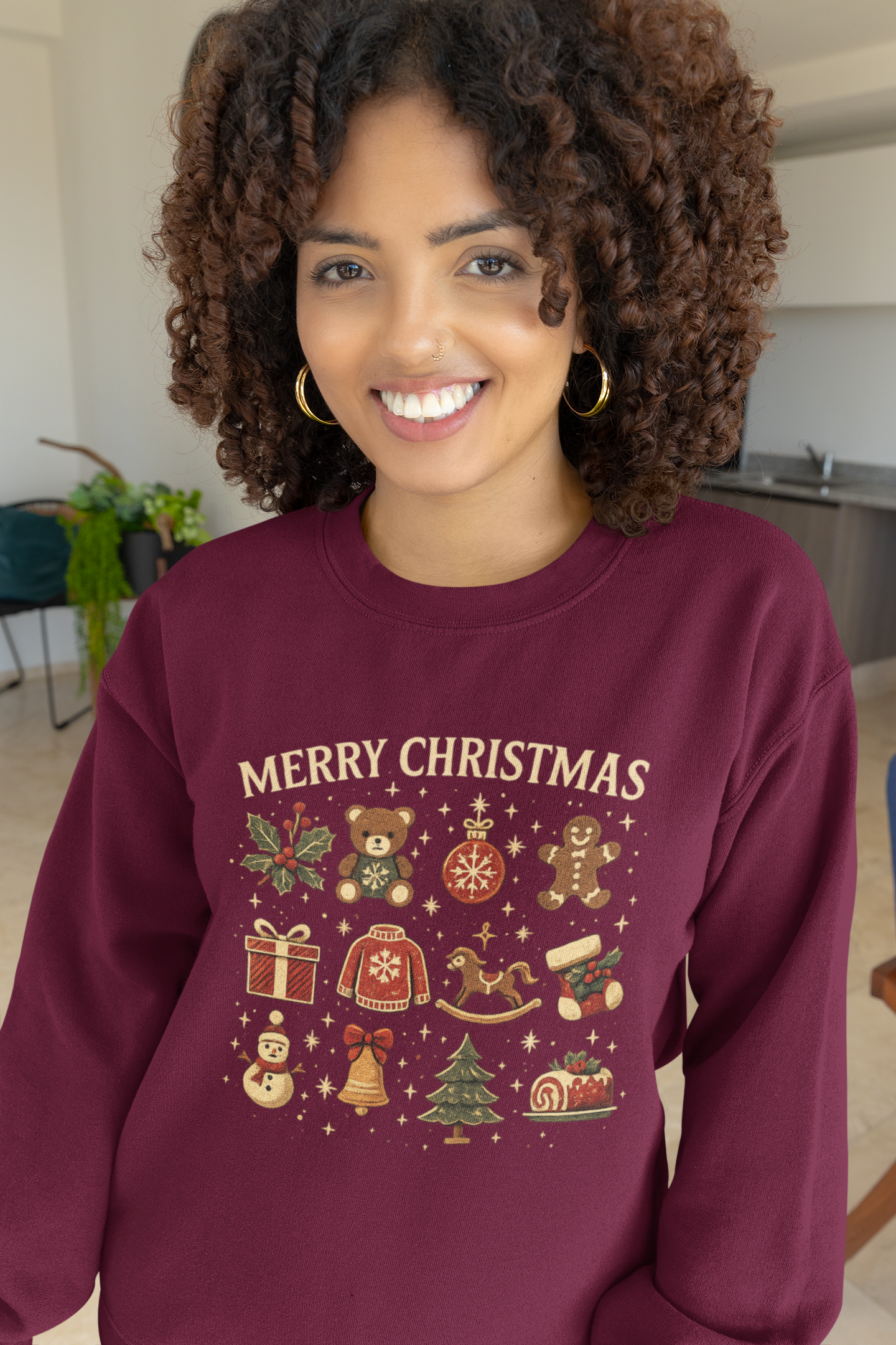 Christmas Icons Crewneck Sweatshirt — "Merry Christmas" Holiday Graphic