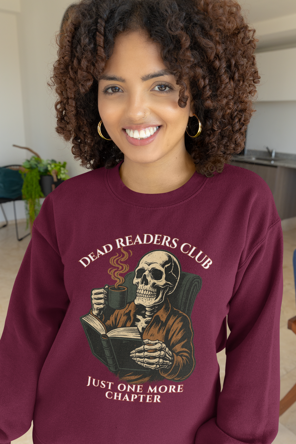 Crewneck Sweatshirt — "Dead Readers Club: Just One More Chapter" Skull Book Lover Graphic