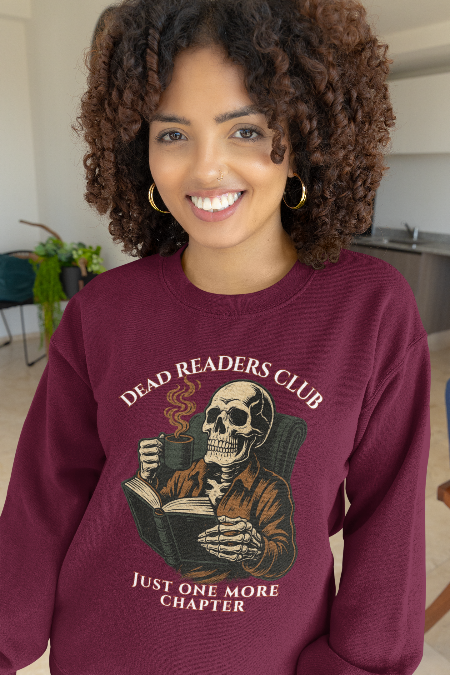 Crewneck Sweatshirt — "Dead Readers Club: Just One More Chapter" Skull Book Lover Graphic