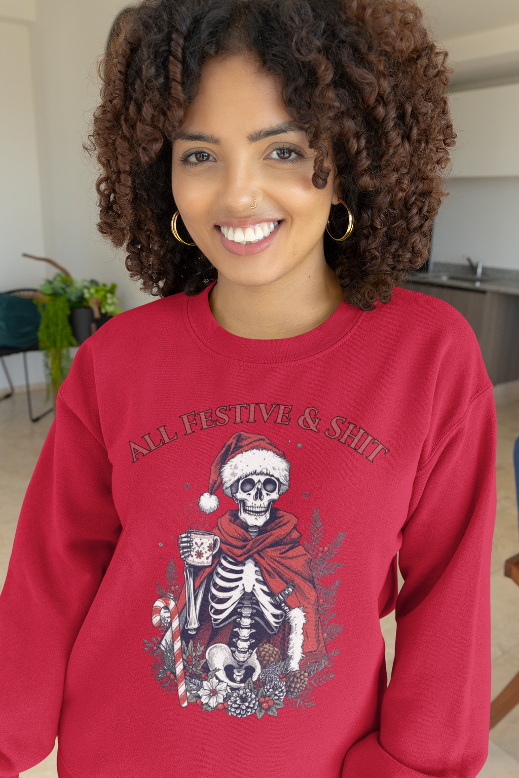 Sweatshirt — "All Festive & Shit" Skeleton Santa Holiday Crewneck