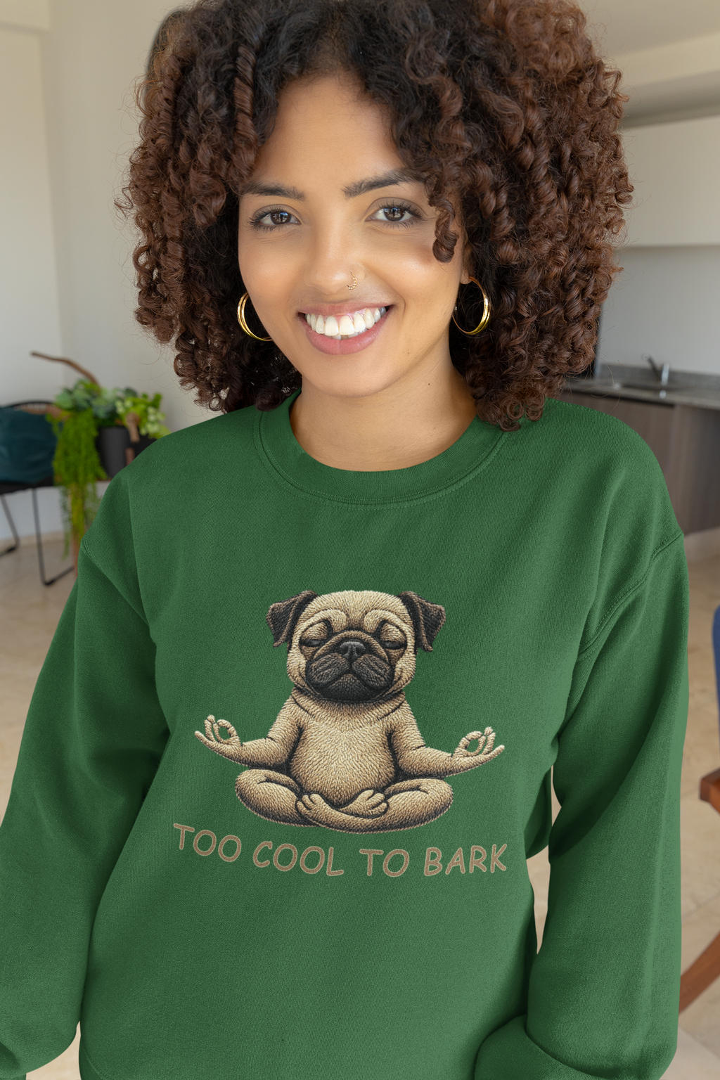 Pug Yoga Sweatshirt – "Too Cool to Bark" Cozy Crewneck