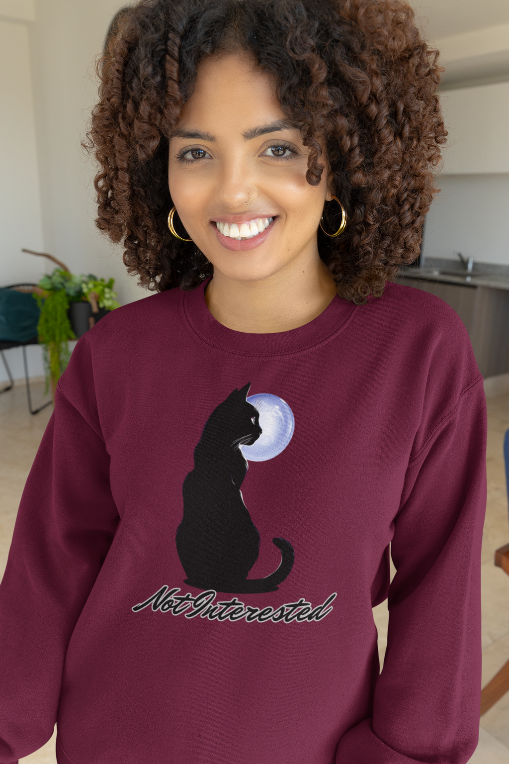 Cat Silhouette Moon Crewneck Sweatshirt – "Not Interested" Graphic