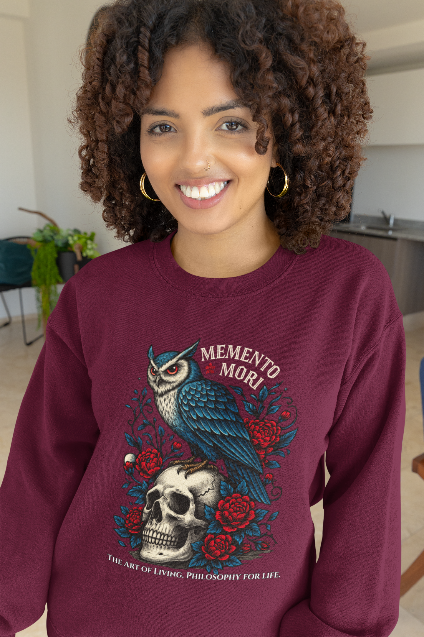 Memento Mori Sweatshirt – Gothic Owl and Skull Sweater, Dark Academia Aesthetic, Philosophy Clothing, Vintage Tattoo Art Pullover, Gothic Gift