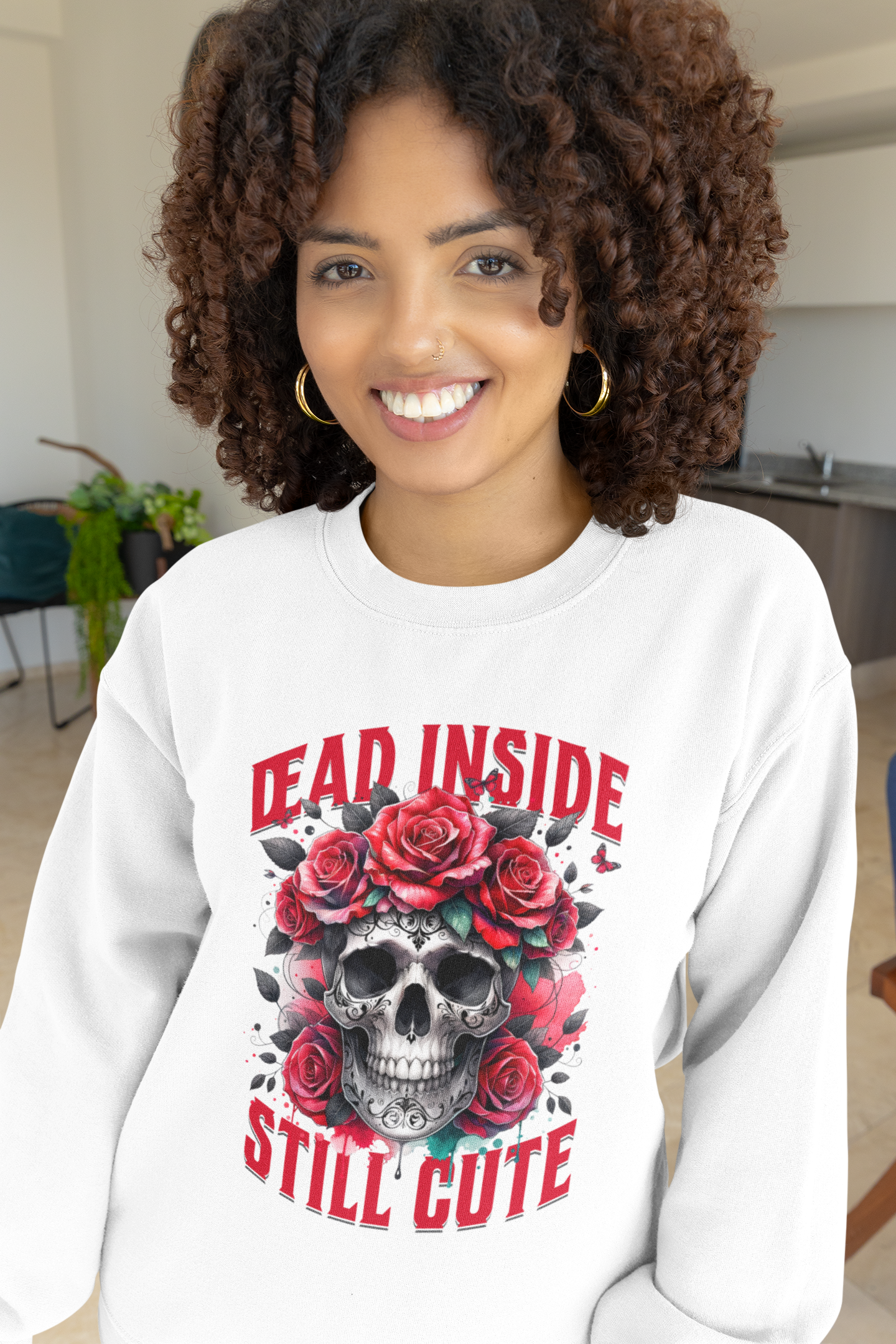 Dead Inside Still Cute Sweatshirt – Gothic Skull Rose Sweater, Dark Feminine Aesthetic Clothing, Alternative Cute Goth Pullover, Funny Goth Gift