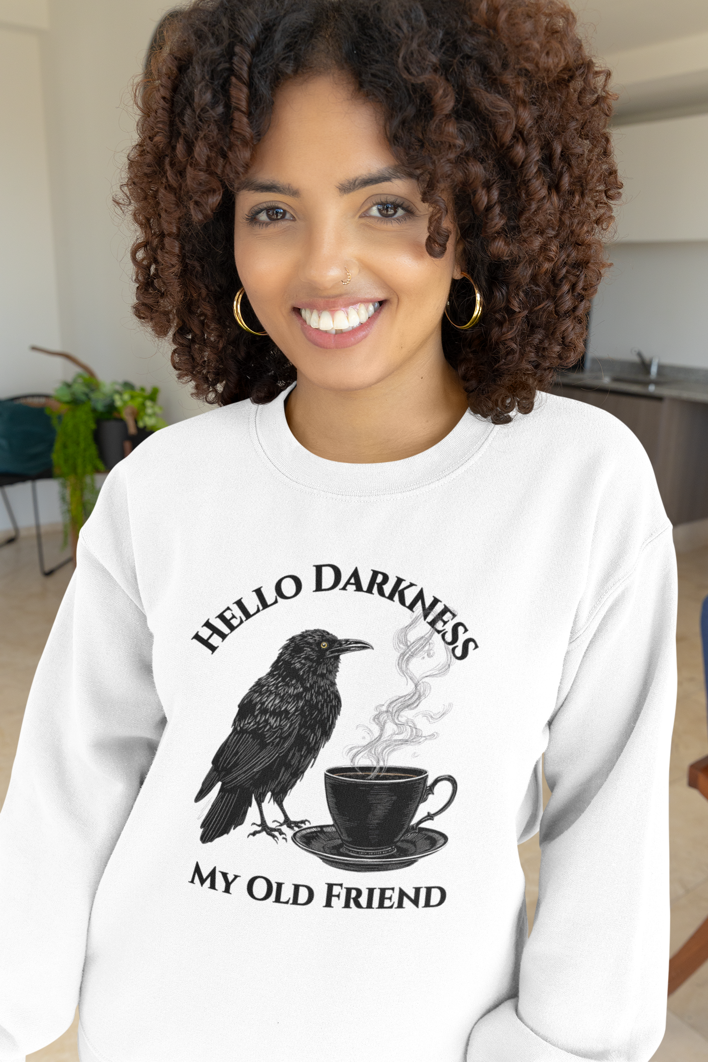 Sweatshirt — "Hello Darkness My Old Friend" Raven Coffee Crewneck
