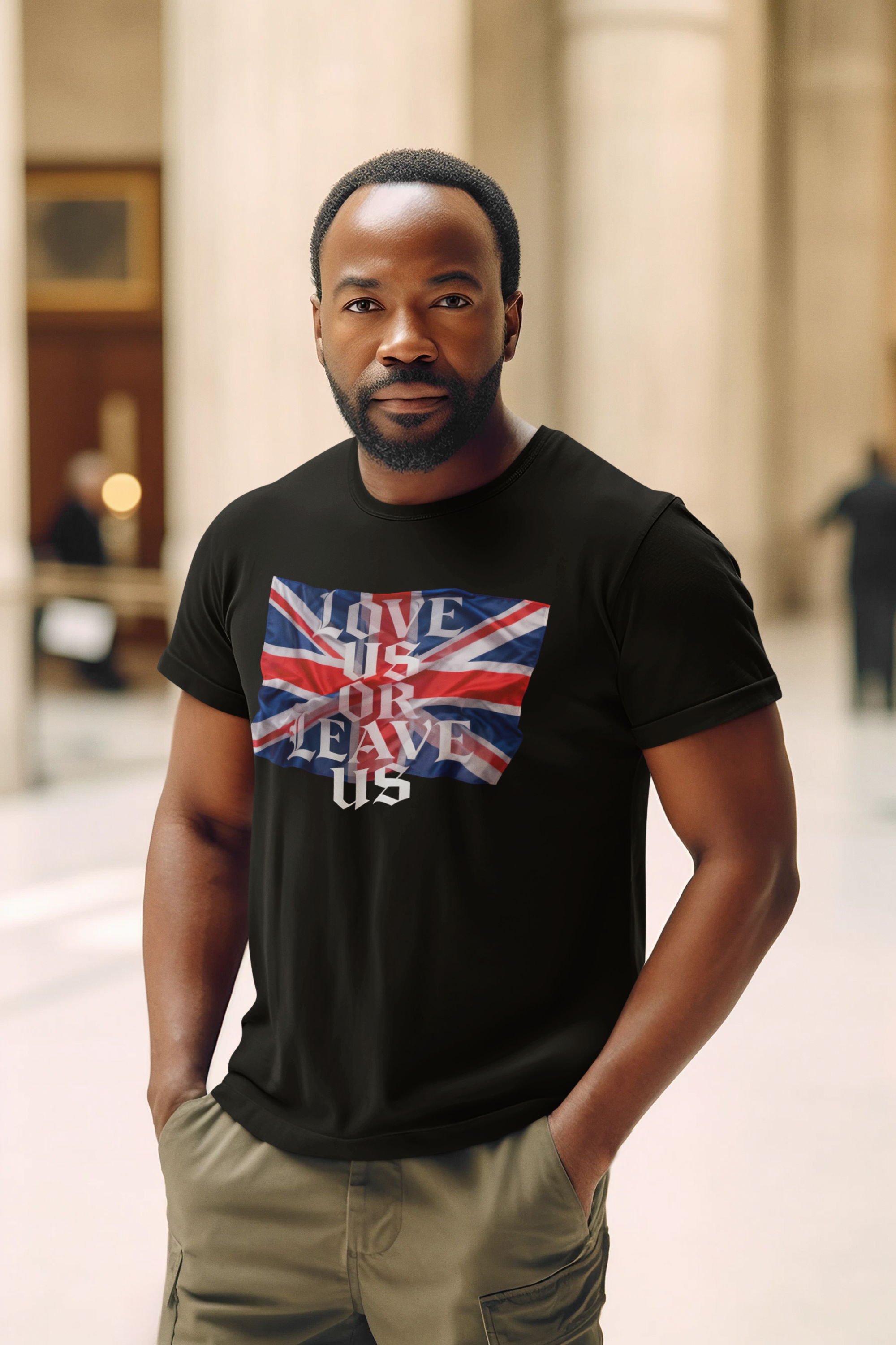 Union Flag Statement Tee, Love Us or Leave Us T-Shirt, British Pride Apparel, Unisex Cotton Shirt, Ideal for Festivals, Casual Wear
