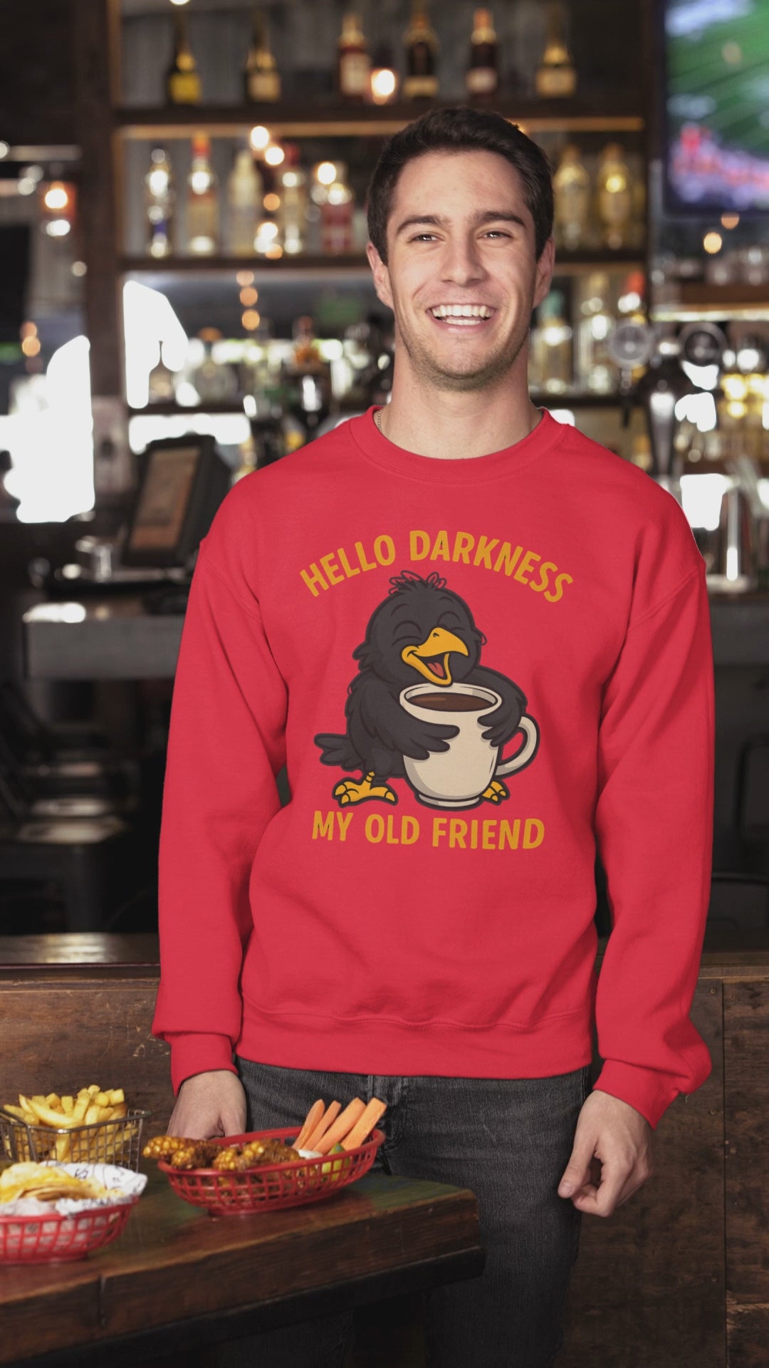 Coffee Crow Sweatshirt — "Hello Darkness My Old Friend" Cozy Pullover