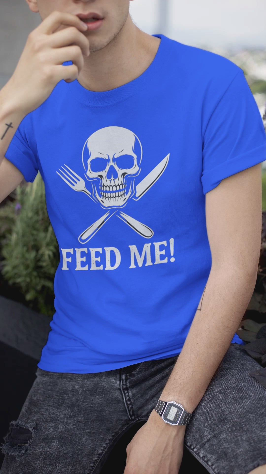 Skull & Fork Unisex Heavy Cotton Tee - Feed Me Graphic Shirt, Halloween Apparel, Casual Wear, Gift for Food Lovers, Trendy T-Shirt