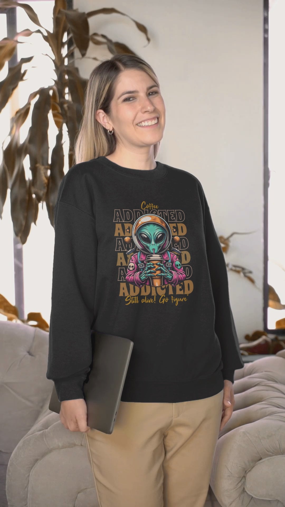 Coffee Addicted Alien Crewneck Sweatshirt – Graphic Space Coffee Lover Pullover