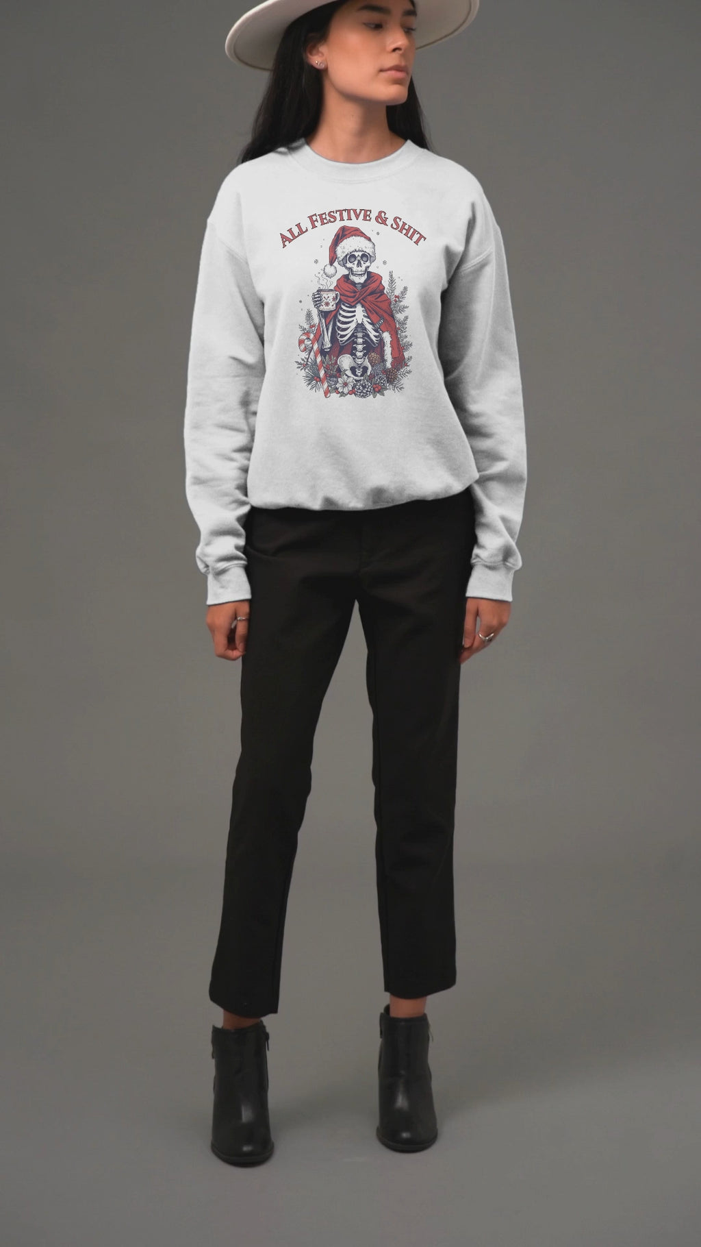 Sweatshirt — "All Festive & Shit" Skeleton Santa Holiday Crewneck