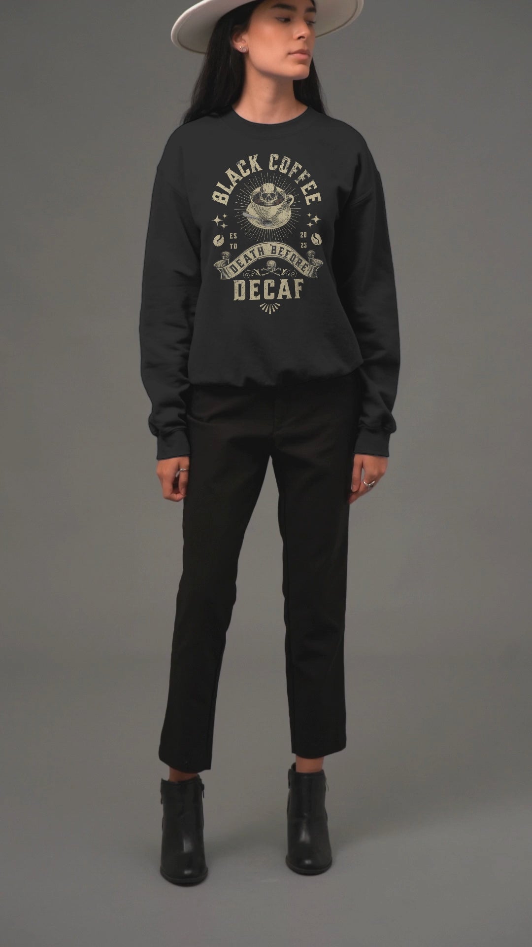 Decaf Black Coffee Crewneck Sweatshirt — Vintage Coffee Lover Pullover