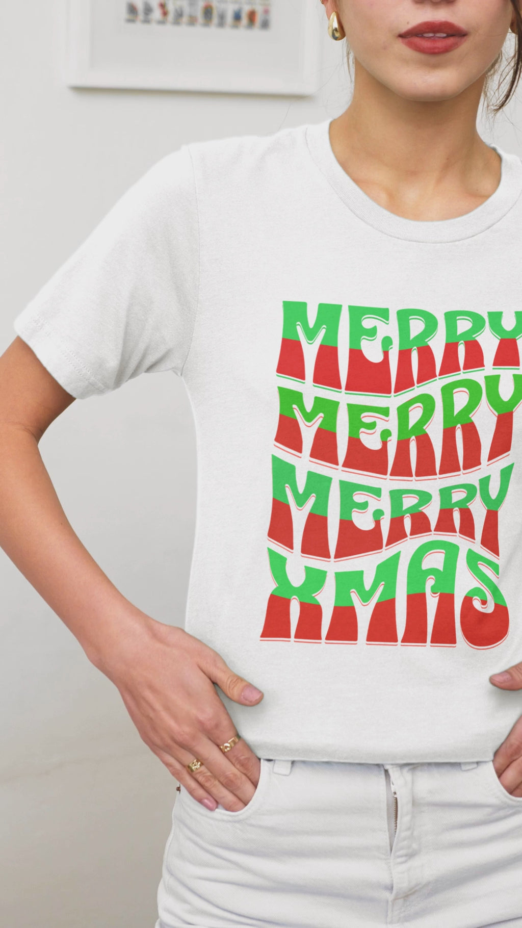 Merry Merry Merry Xmas T-Shirt — Retro Wavy Christmas Tee