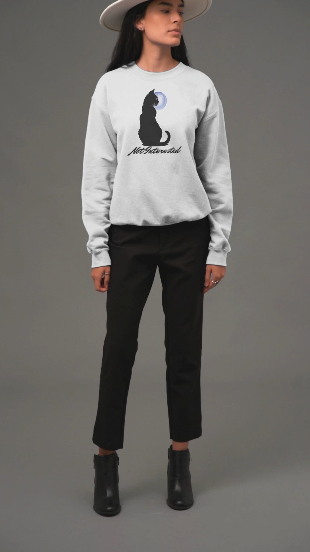 Cat Silhouette Moon Crewneck Sweatshirt – "Not Interested" Graphic