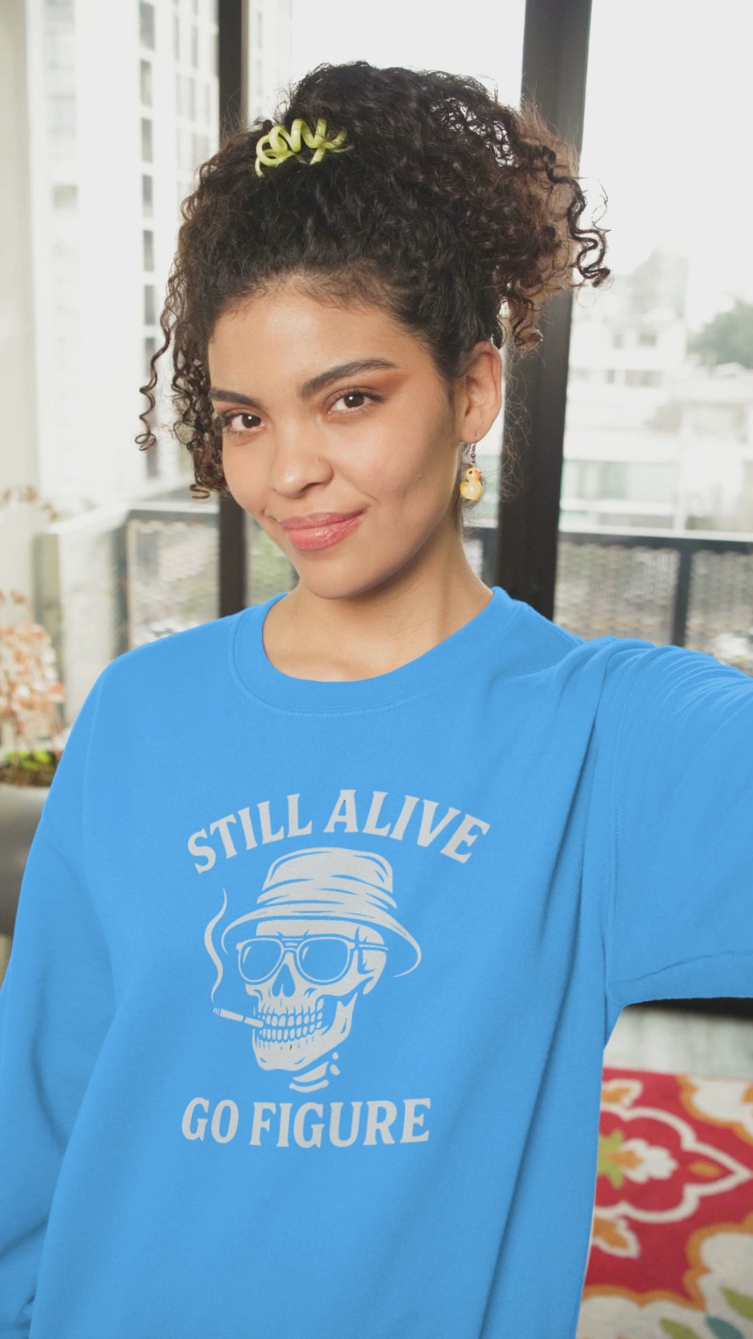 Crewneck Sweatshirt — "Still Alive Go Figure" Skull Vintage Graphic