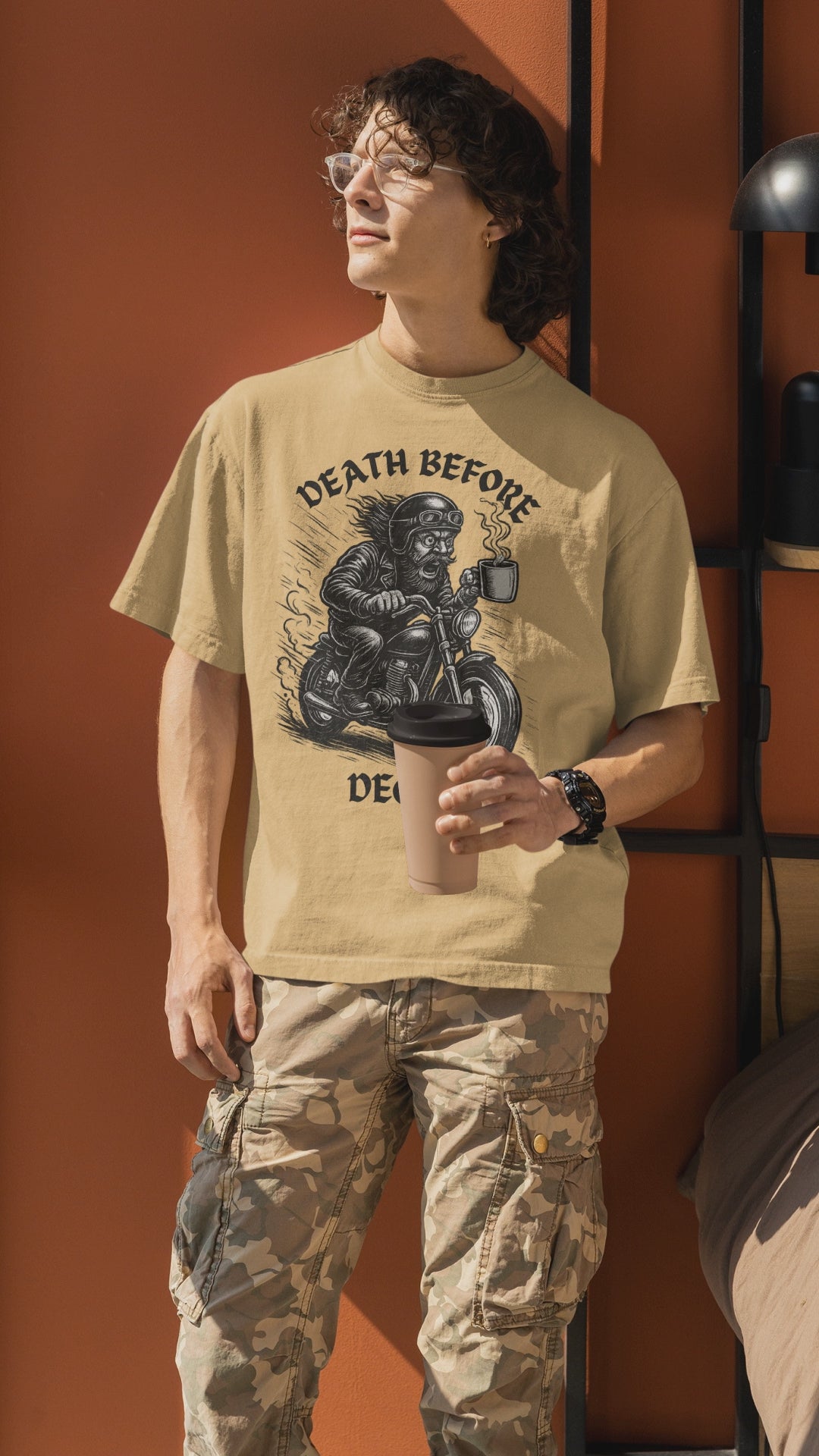 Unisex Heavy Cotton Tee - Death Before Decaf, Coffee Lover Shirt, Biker Tee, Unique Gift, Motorcycle Enthusiast Apparel
