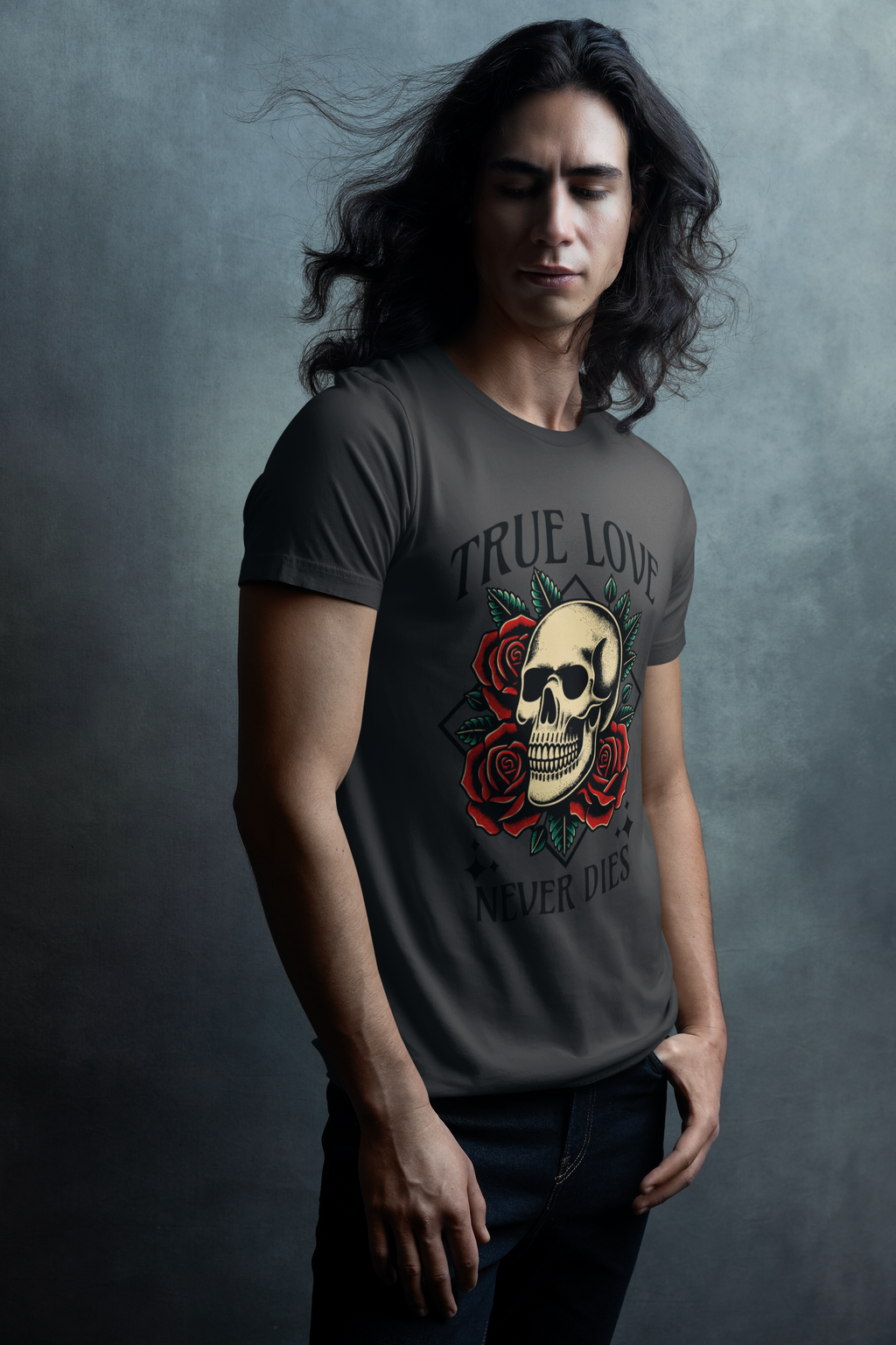 True Love Never Dies Skull Tee — Gothic Rose Graphic T-Shirt