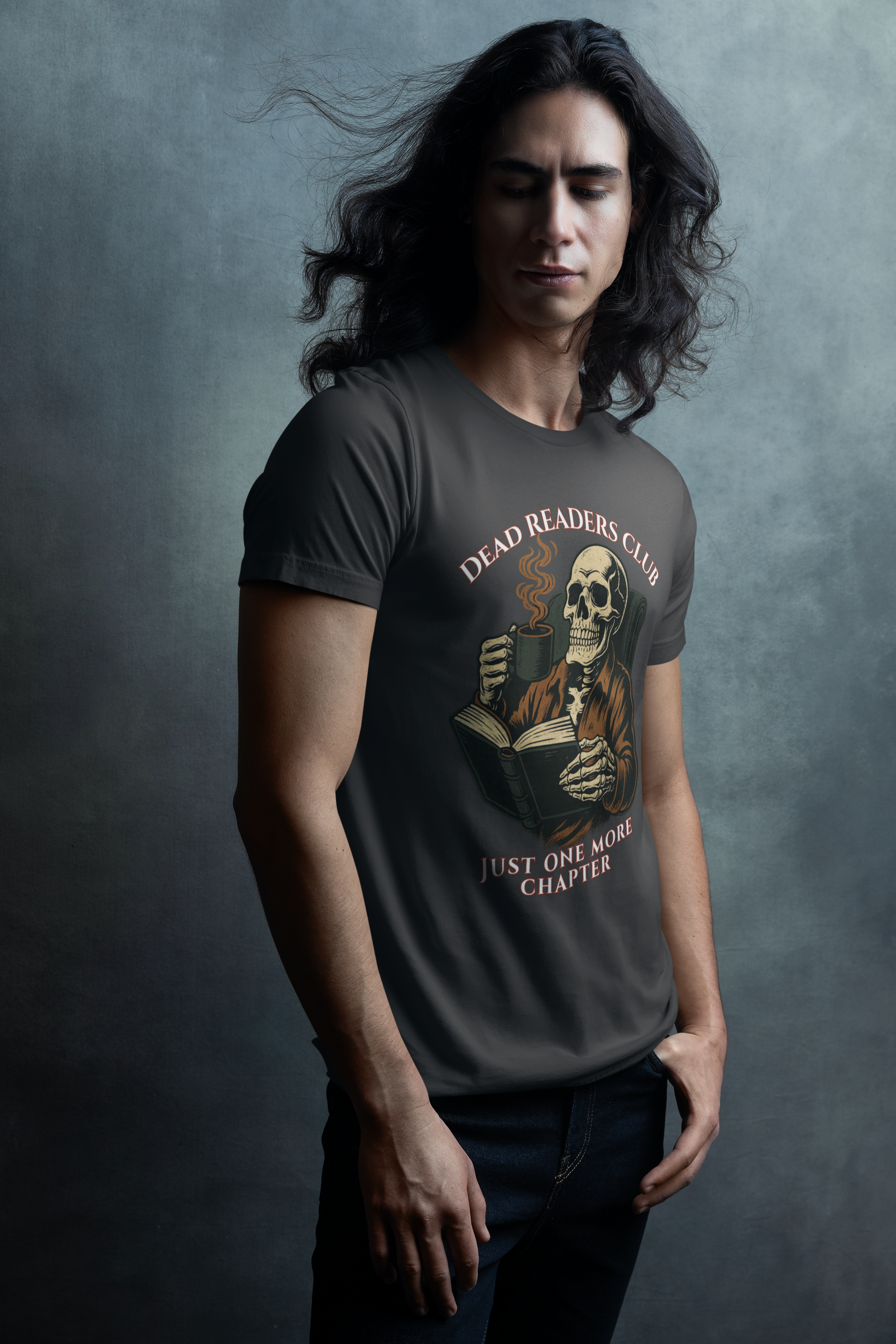 Dead Readers Club T-Shirt — 'Just One More Chapter' Skeleton Reading Tee