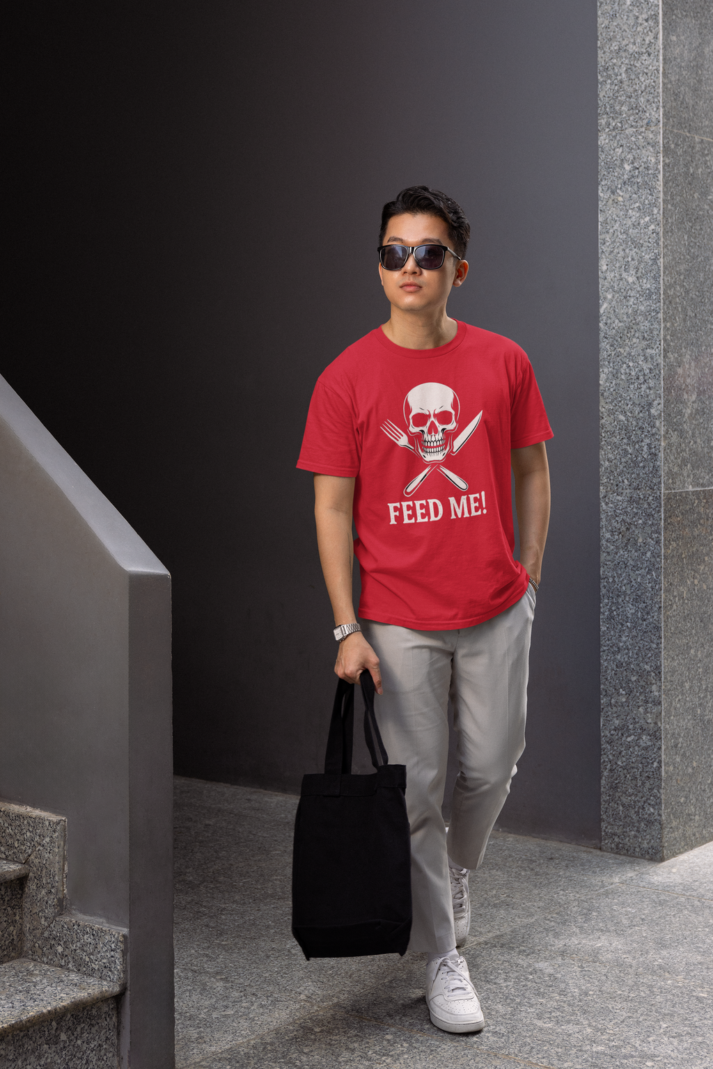 Skull & Fork Unisex Heavy Cotton Tee - Feed Me Graphic Shirt, Halloween Apparel, Casual Wear, Gift for Food Lovers, Trendy T-Shirt