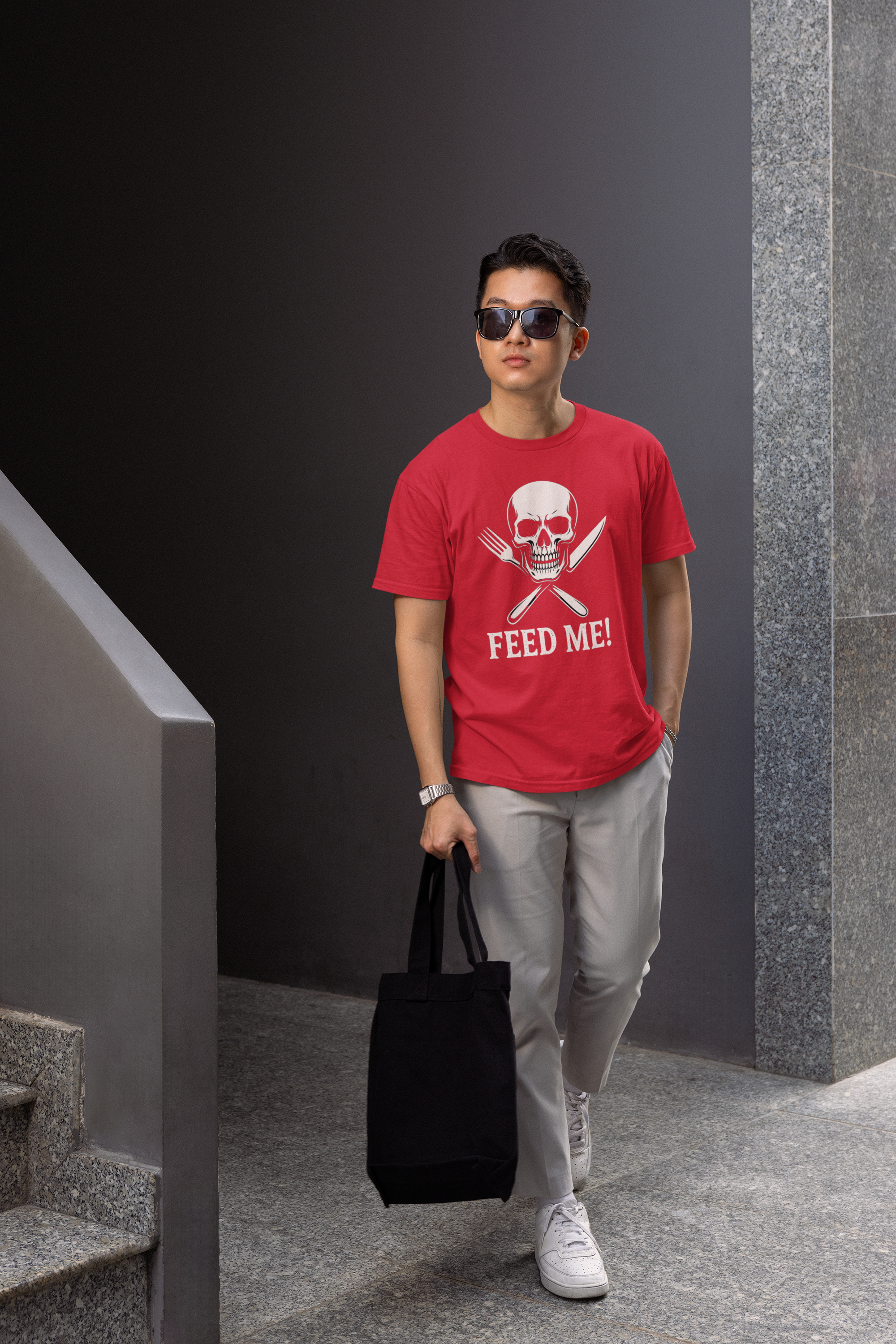 Skull & Fork Unisex Heavy Cotton Tee - Feed Me Graphic Shirt, Halloween Apparel, Casual Wear, Gift for Food Lovers, Trendy T-Shirt
