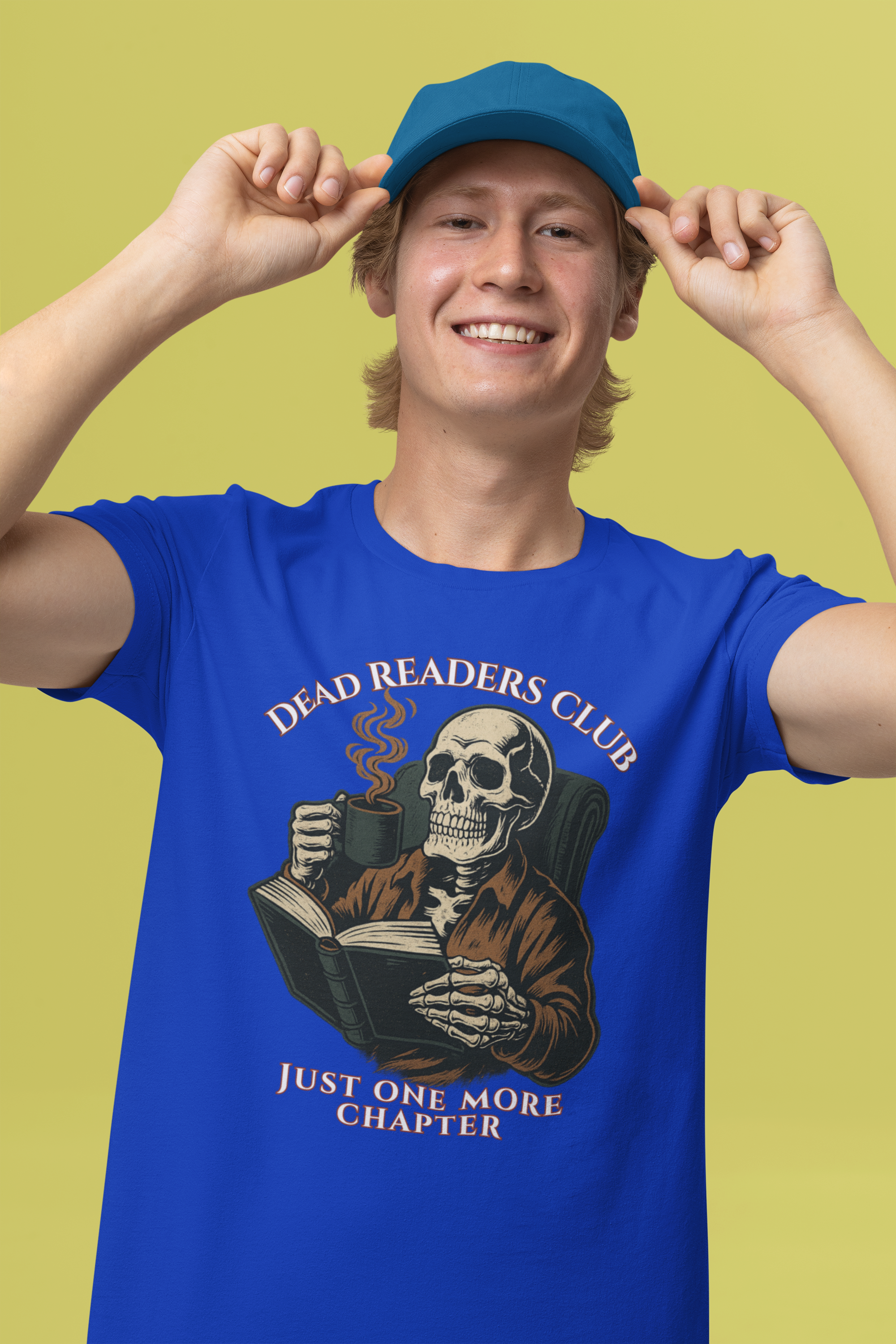 Dead Readers Club T-Shirt — 'Just One More Chapter' Skeleton Reading Tee