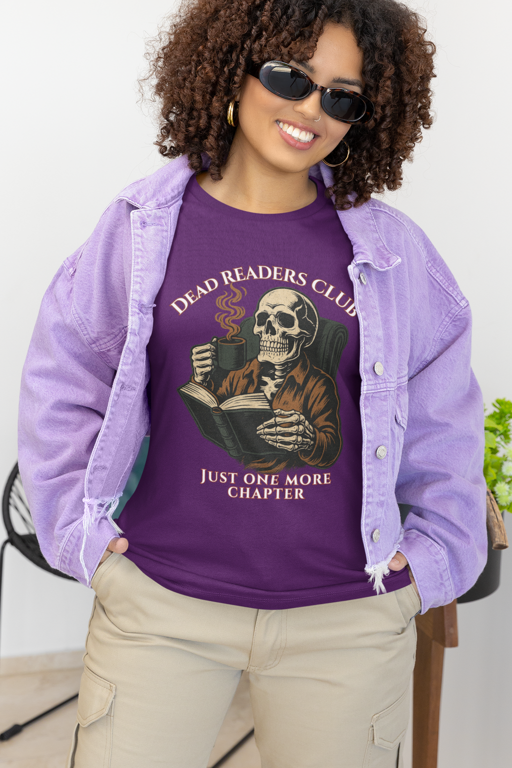 Dead Readers Club T-Shirt — 'Just One More Chapter' Skeleton Reading Tee
