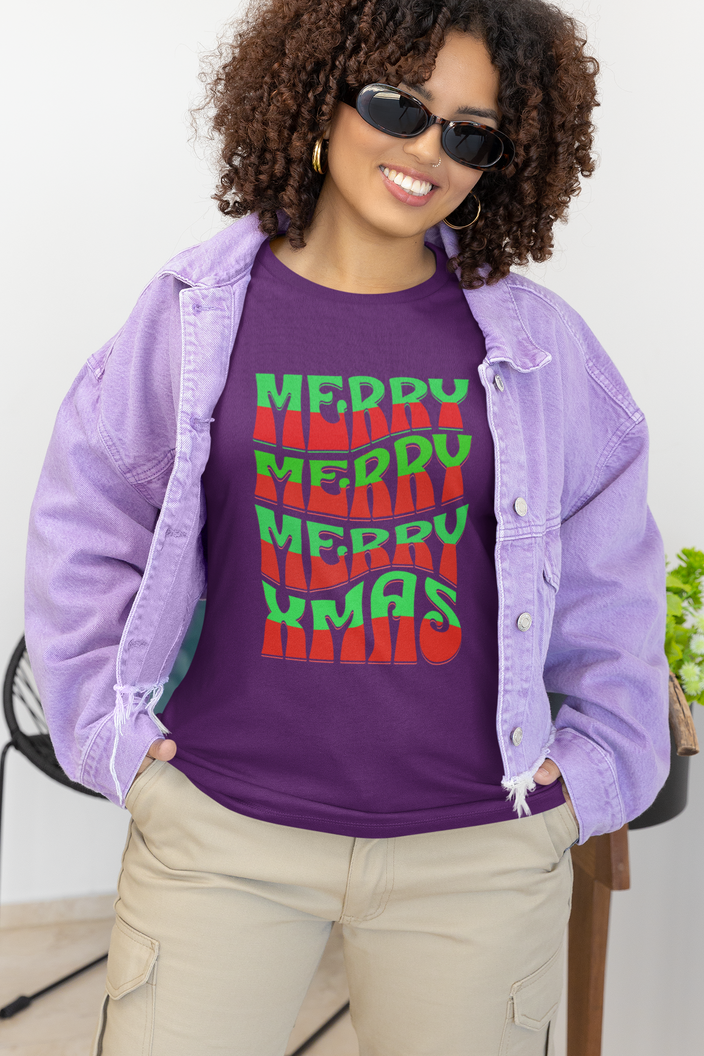 Merry Merry Merry Xmas T-Shirt — Retro Wavy Christmas Tee
