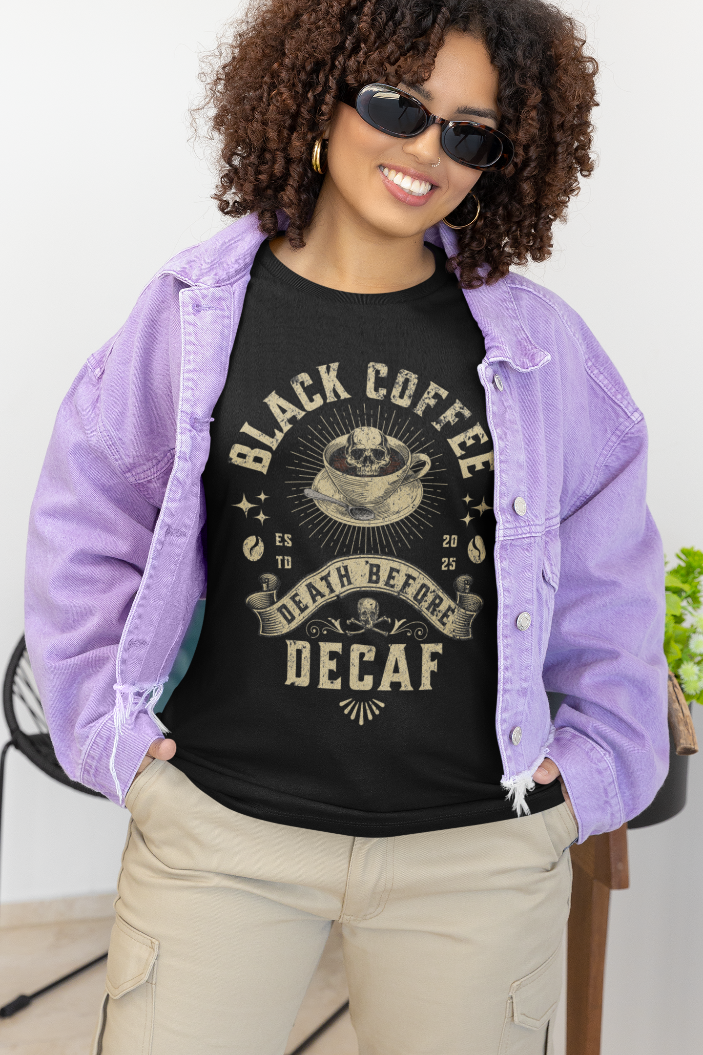 Coffee T-Shirt — "Black Coffee or Death Before Decaf" Retro Graphic Tee
