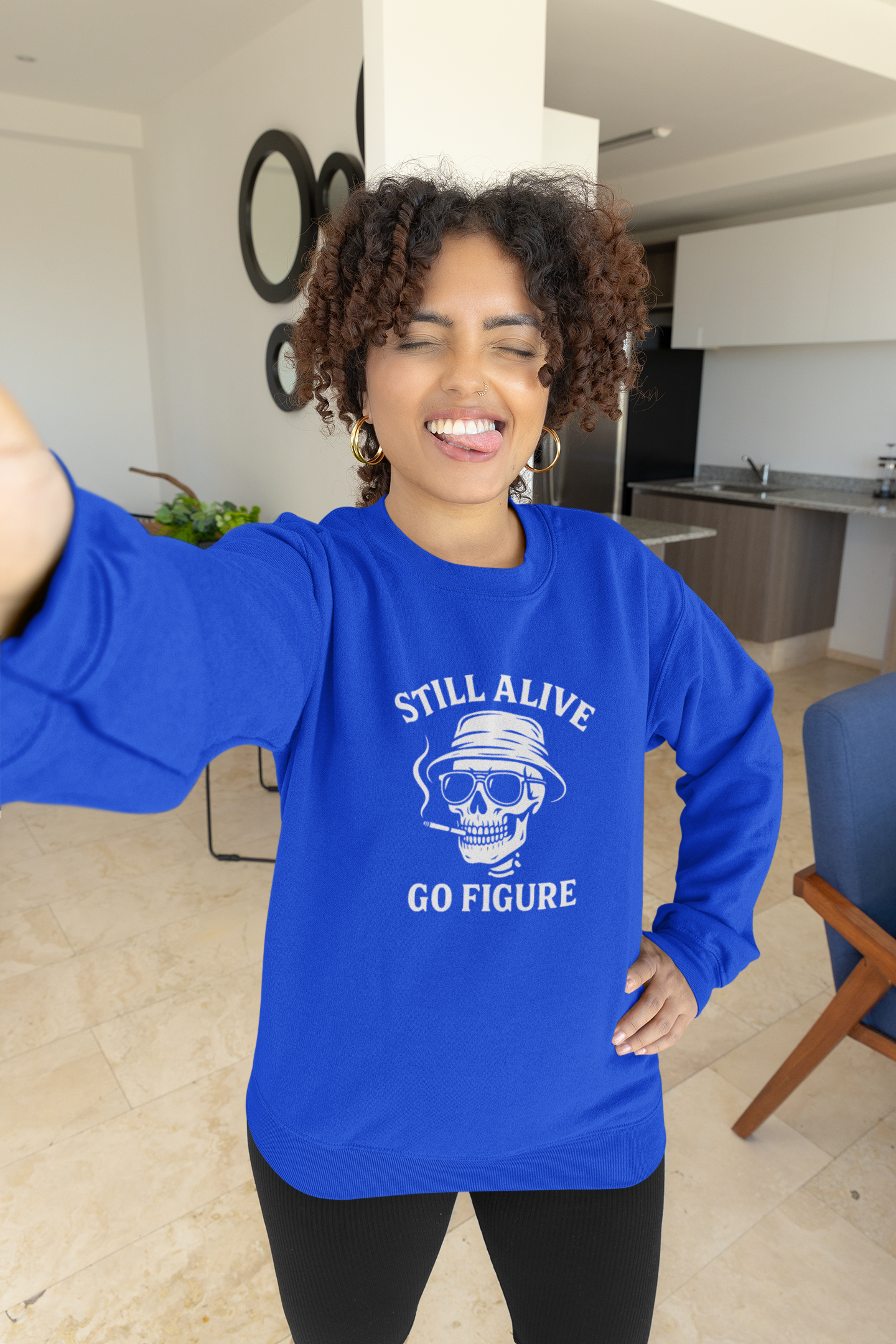 Crewneck Sweatshirt — "Still Alive Go Figure" Skull Vintage Graphic