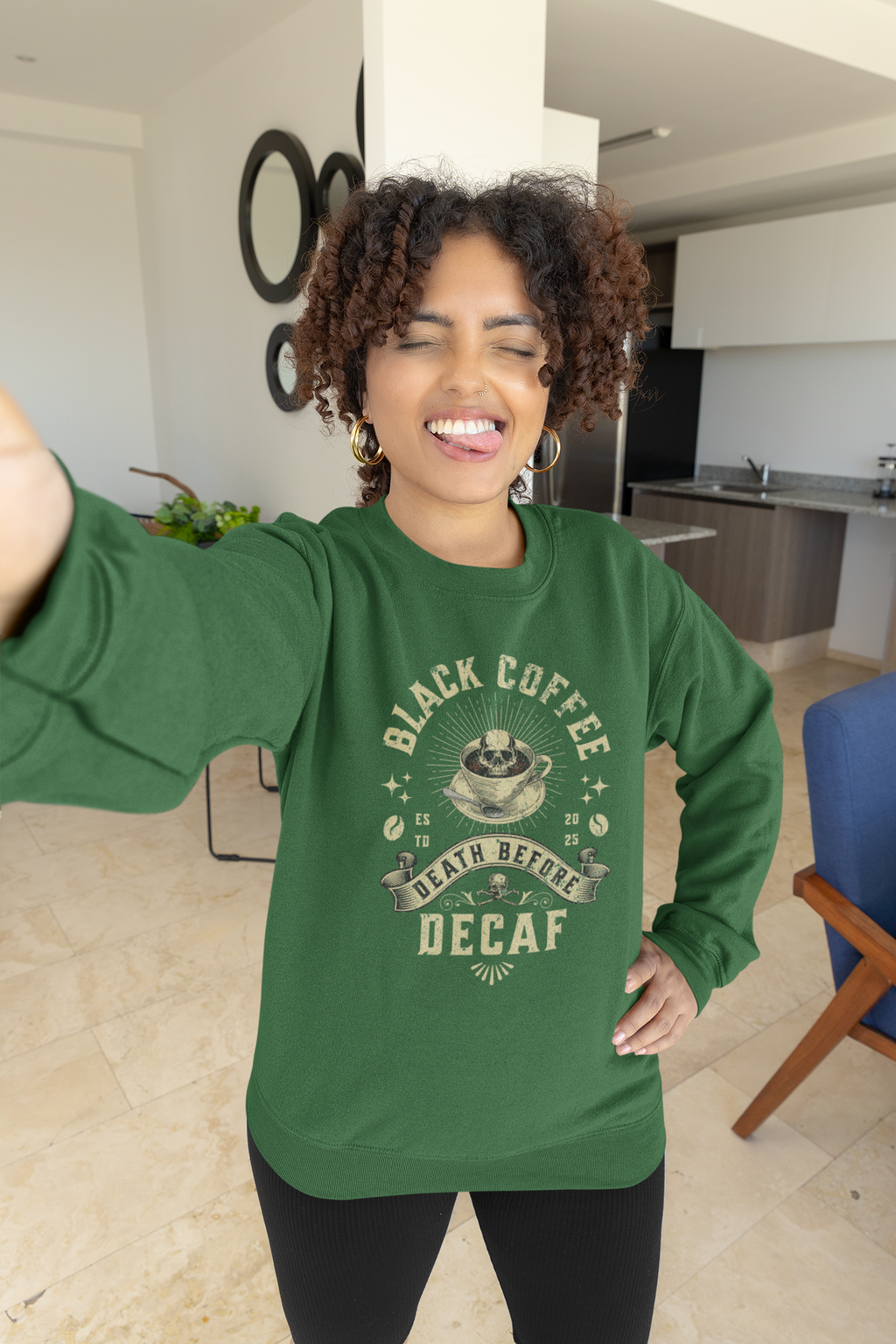 Decaf Black Coffee Crewneck Sweatshirt — Vintage Coffee Lover Pullover