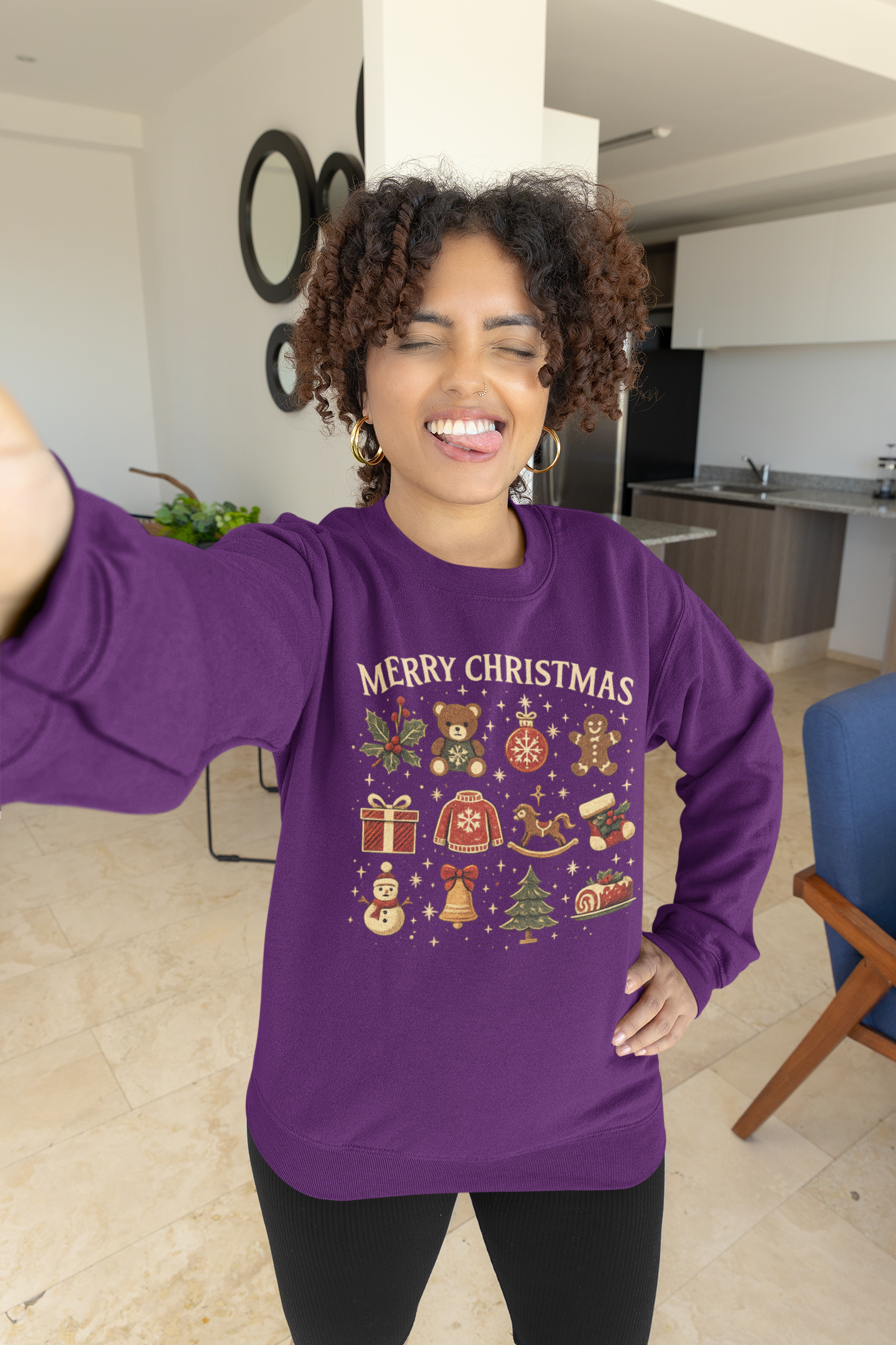 Christmas Icons Crewneck Sweatshirt — "Merry Christmas" Holiday Graphic
