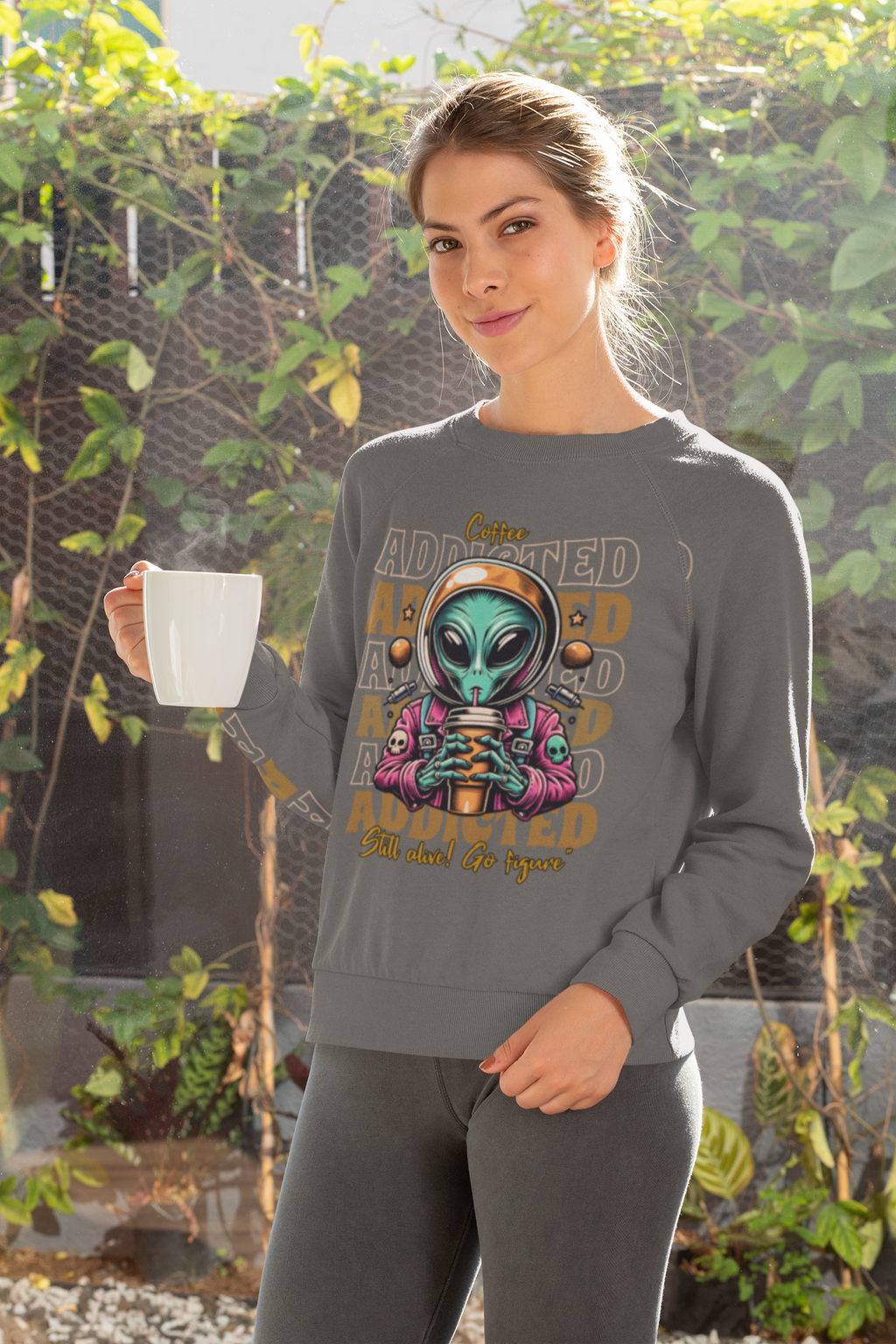 Coffee Addicted Alien Crewneck Sweatshirt – Graphic Space Coffee Lover Pullover