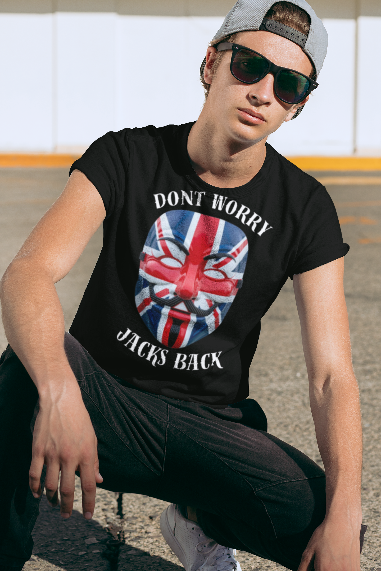 Patriotic Union Jack  UK Flag Mask Design Don't Worry Jacks Back Tee, Unique Fashion