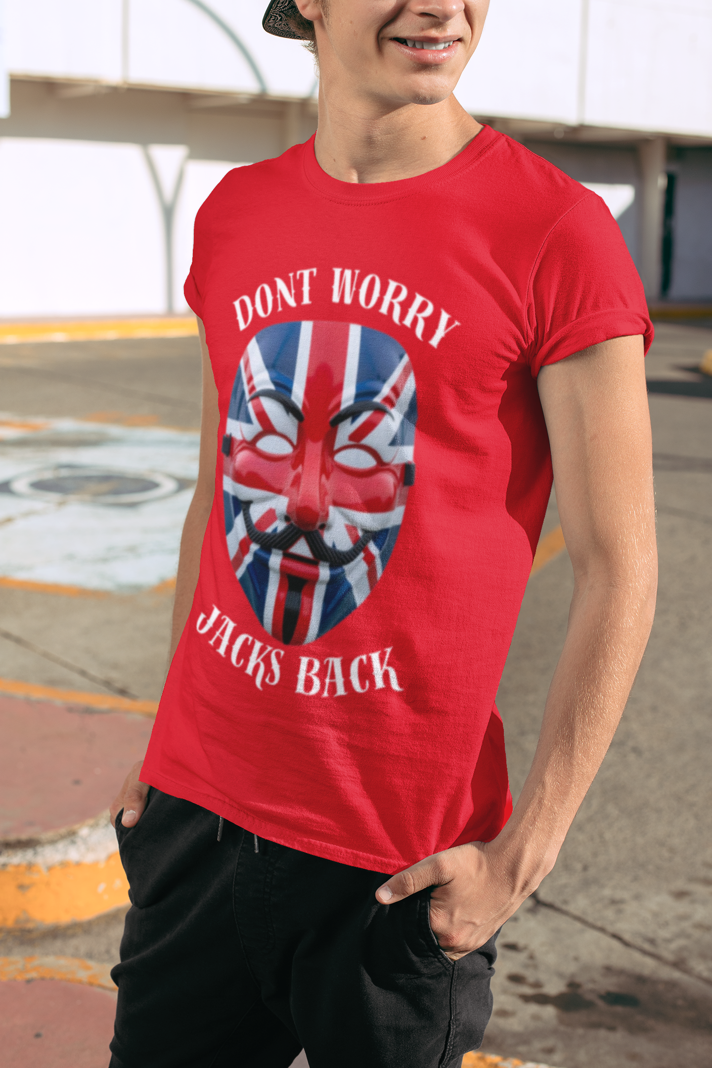 Patriotic Union Jack  UK Flag Mask Design Don't Worry Jacks Back Tee, Unique Fashion