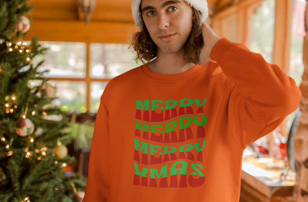 Christmas Crewneck Sweatshirt – Retro 'Merry Xmas' Red & Green Holiday Design