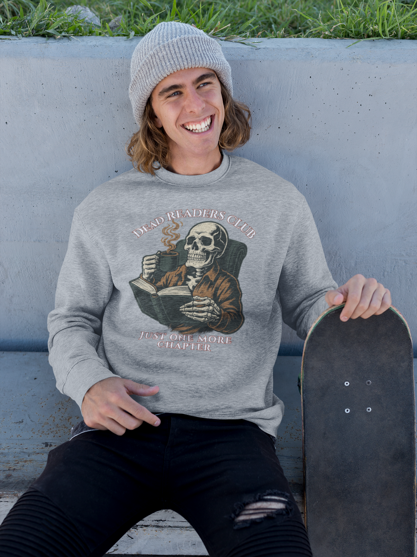 Crewneck Sweatshirt — "Dead Readers Club: Just One More Chapter" Skull Book Lover Graphic