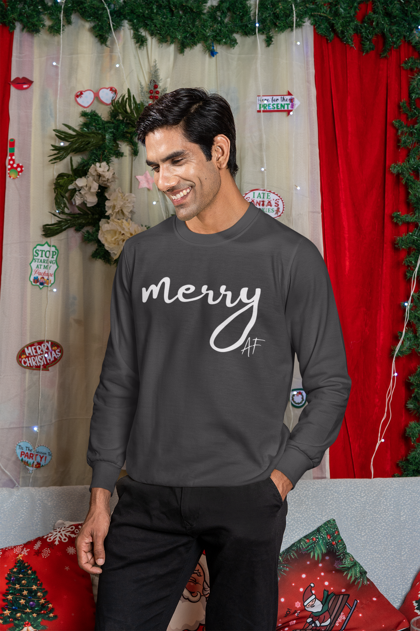 Merry AF Crewneck Sweatshirt – Funny Christmas Holiday Sweater