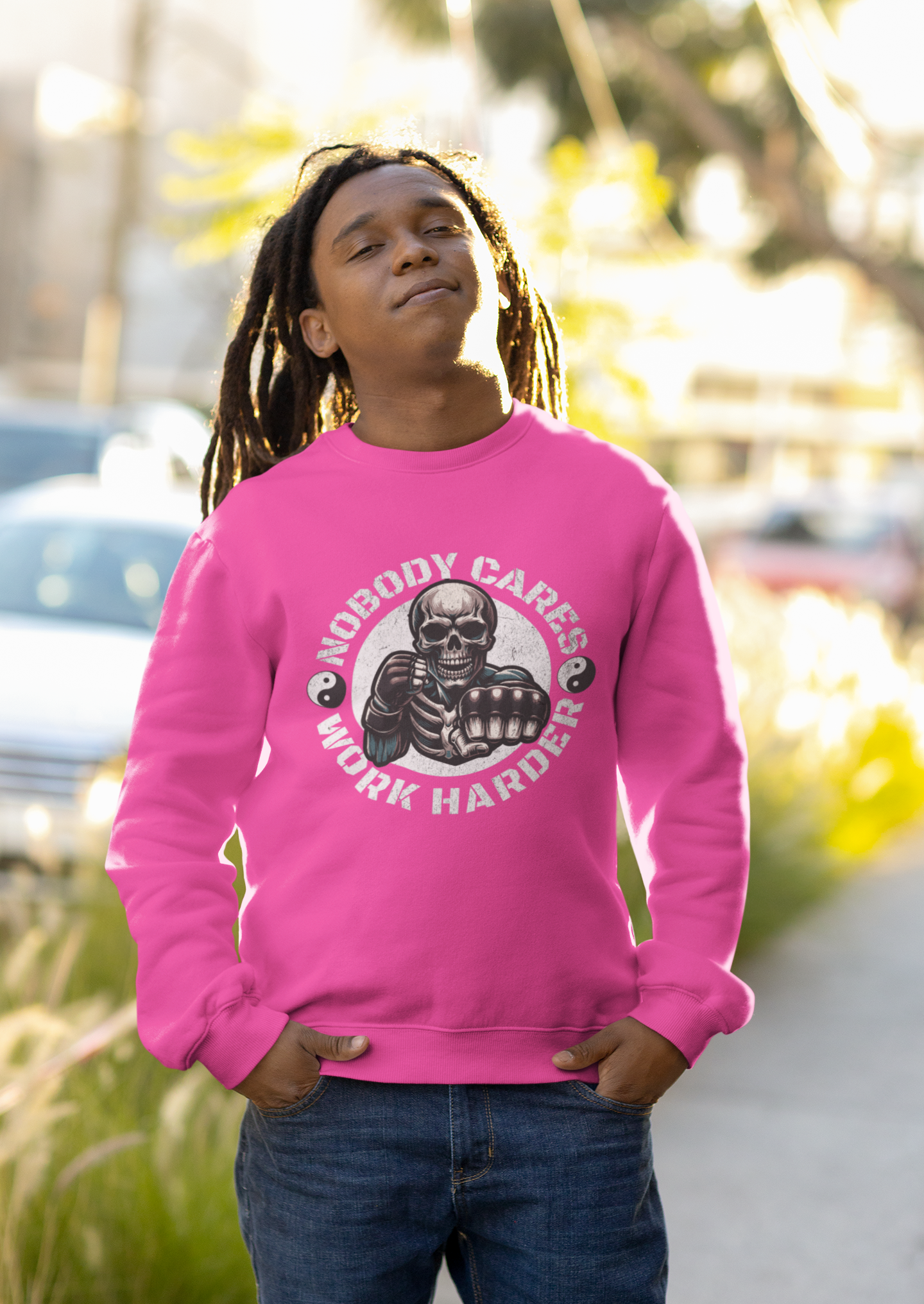 Nobody Cares Work Harder Sweatshirt — Skull Fist Motivational Crewneck