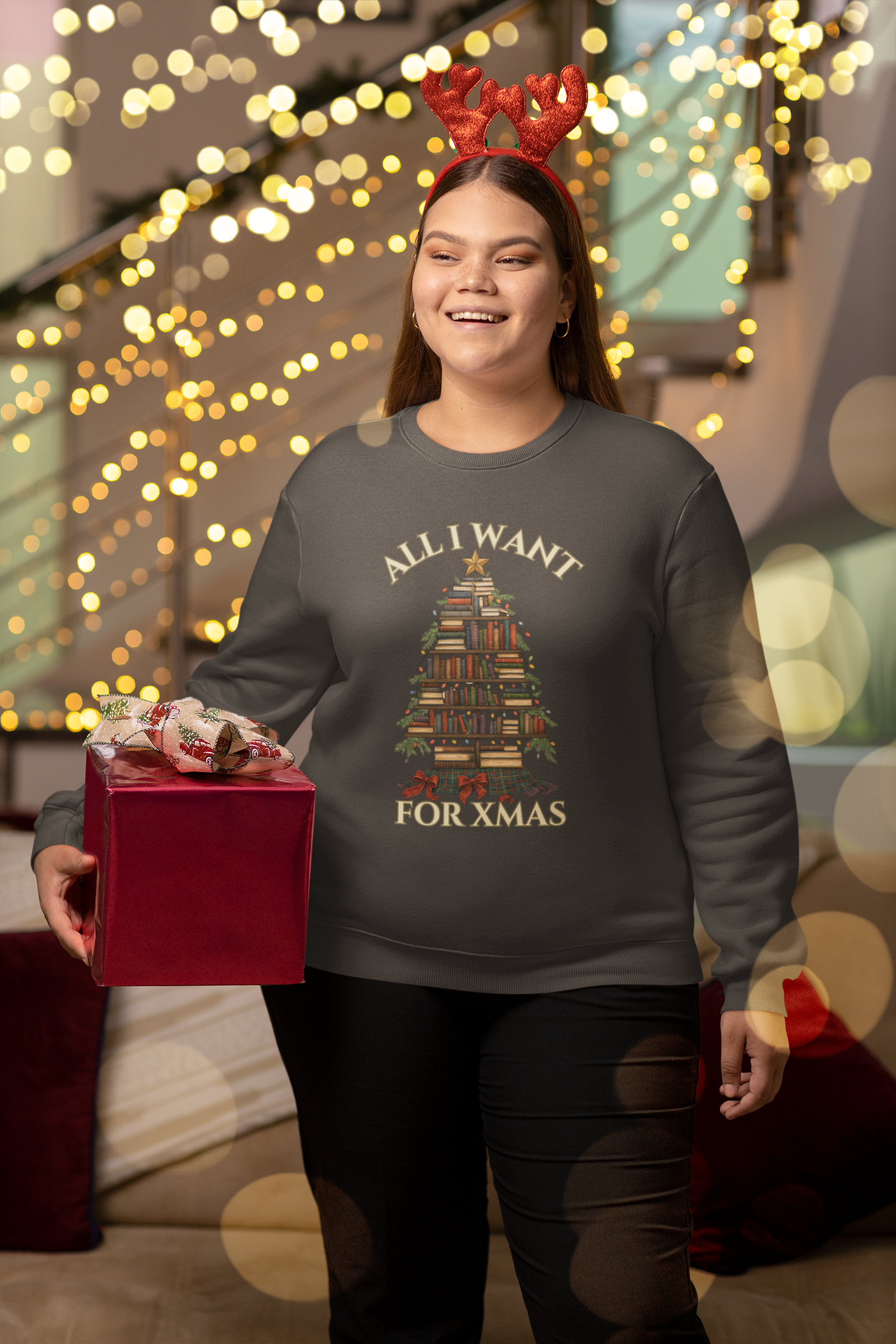Christmas Book Lover Crewneck Sweatshirt - 'All I Want for XMAS'