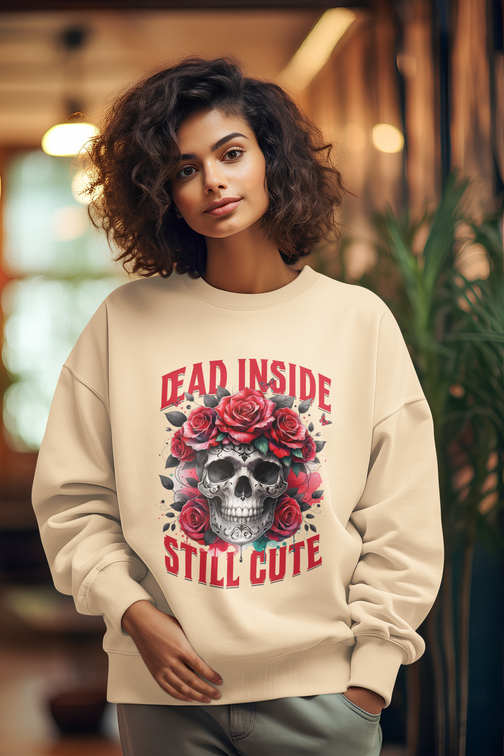 Dead Inside Still Cute Sweatshirt – Gothic Skull Rose Sweater, Dark Feminine Aesthetic Clothing, Alternative Cute Goth Pullover, Funny Goth Gift