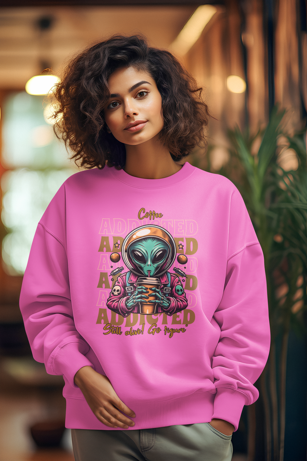 Coffee Addicted Alien Crewneck Sweatshirt – Graphic Space Coffee Lover Pullover