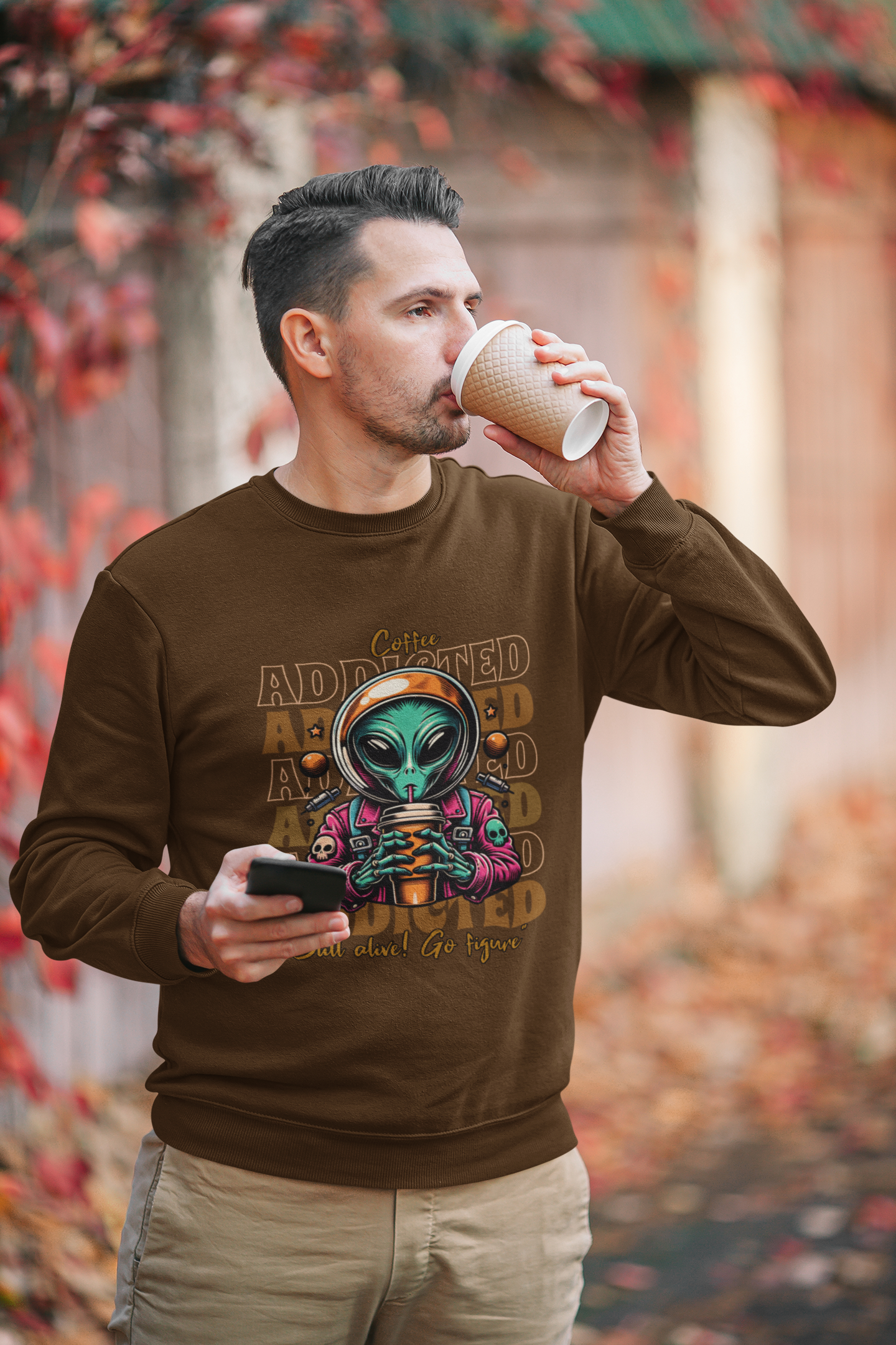 Coffee Addicted Alien Crewneck Sweatshirt – Graphic Space Coffee Lover Pullover