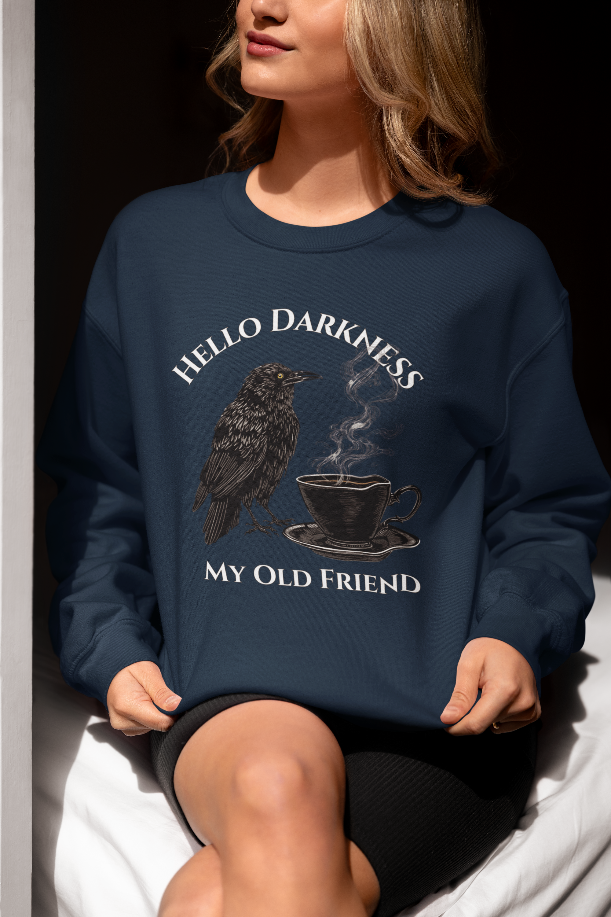 Raven Coffee Crewneck Sweatshirt — "Hello Darkness My Old Friend" Vintage Gothic Tee
