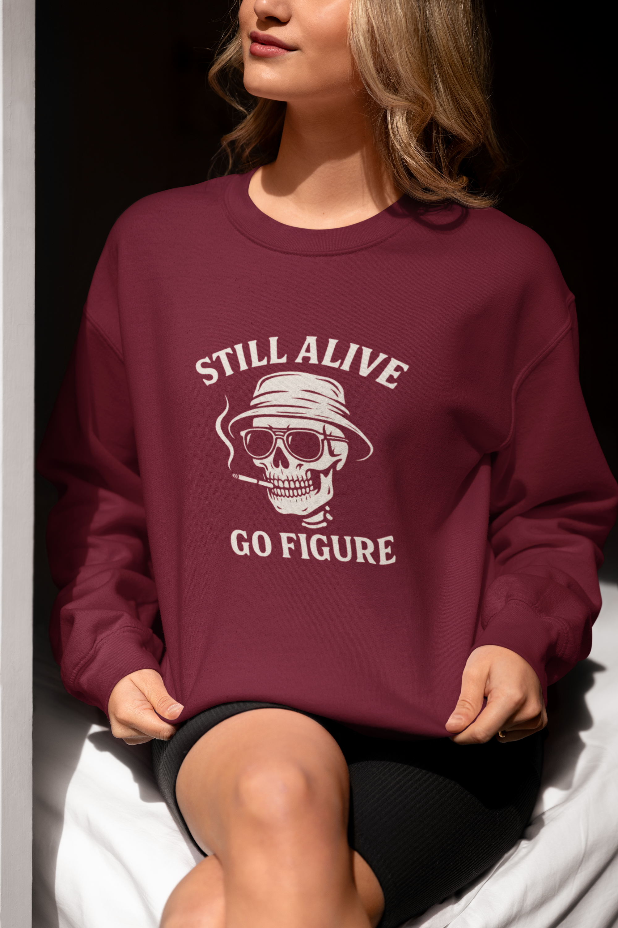 Crewneck Sweatshirt — "Still Alive Go Figure" Skull Vintage Graphic