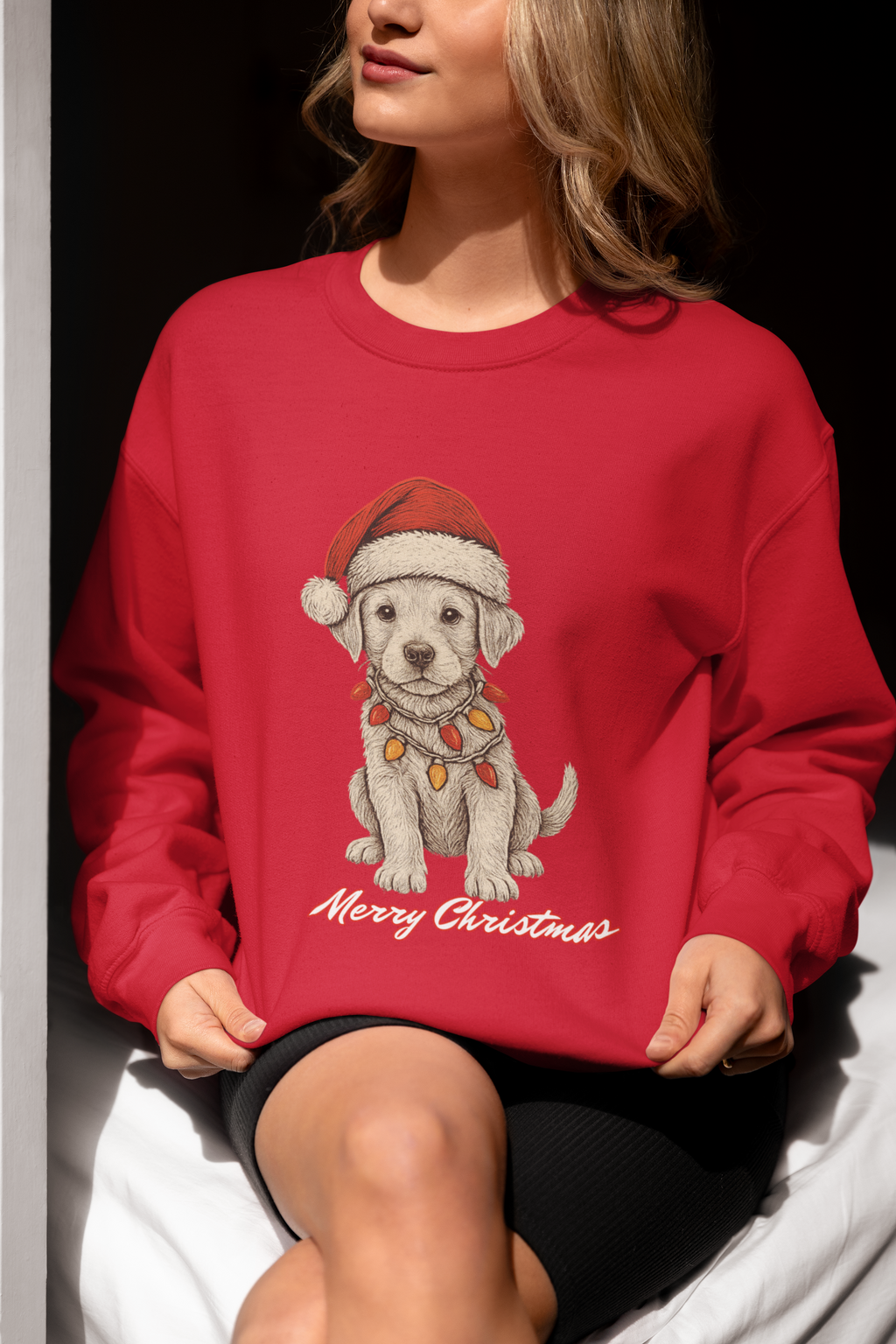 Christmas Puppy Sweatshirt – 'Merry Christmas' Labrador in Santa Hat Crewneck