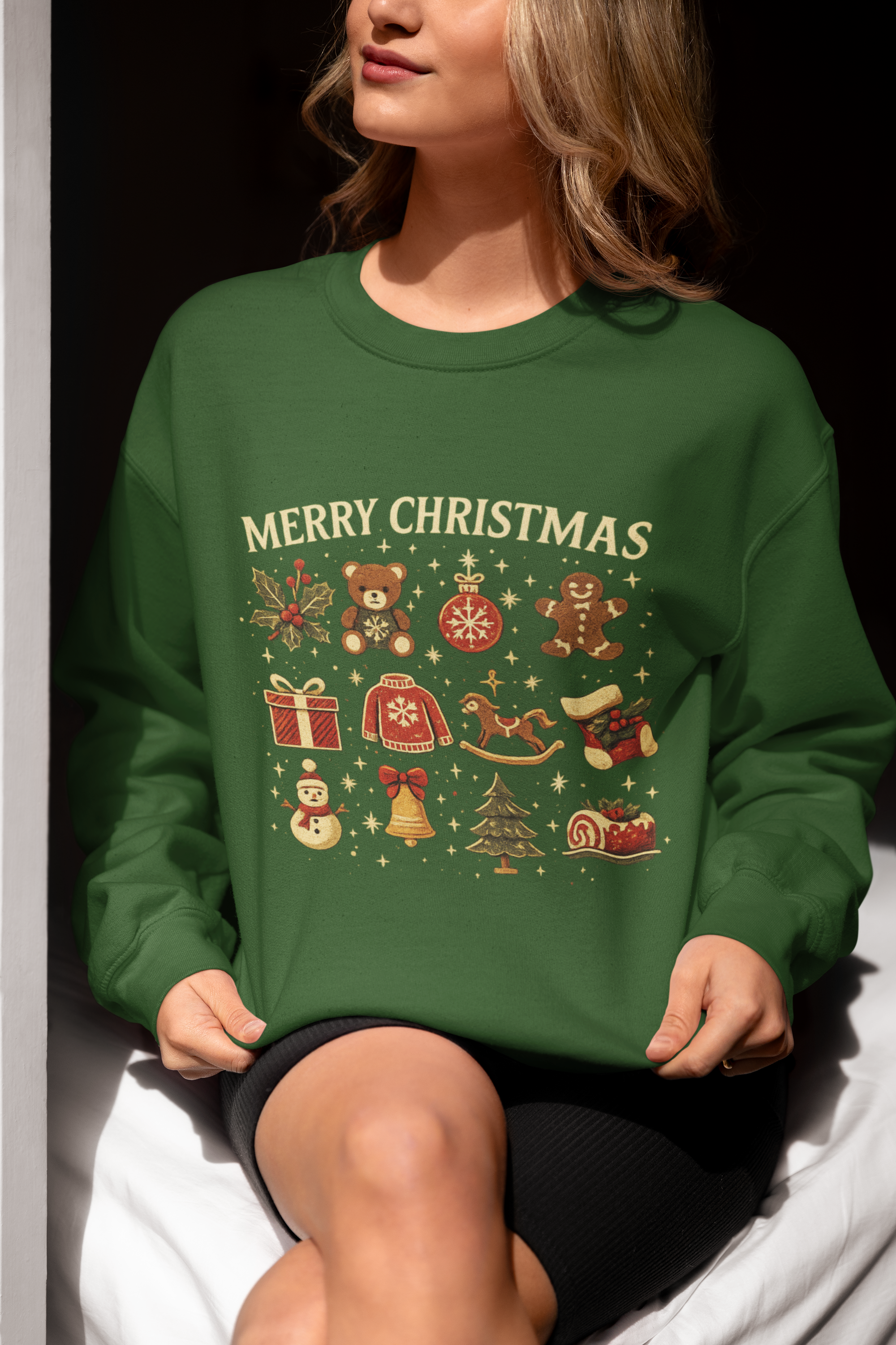 Christmas Icons Crewneck Sweatshirt — "Merry Christmas" Holiday Graphic