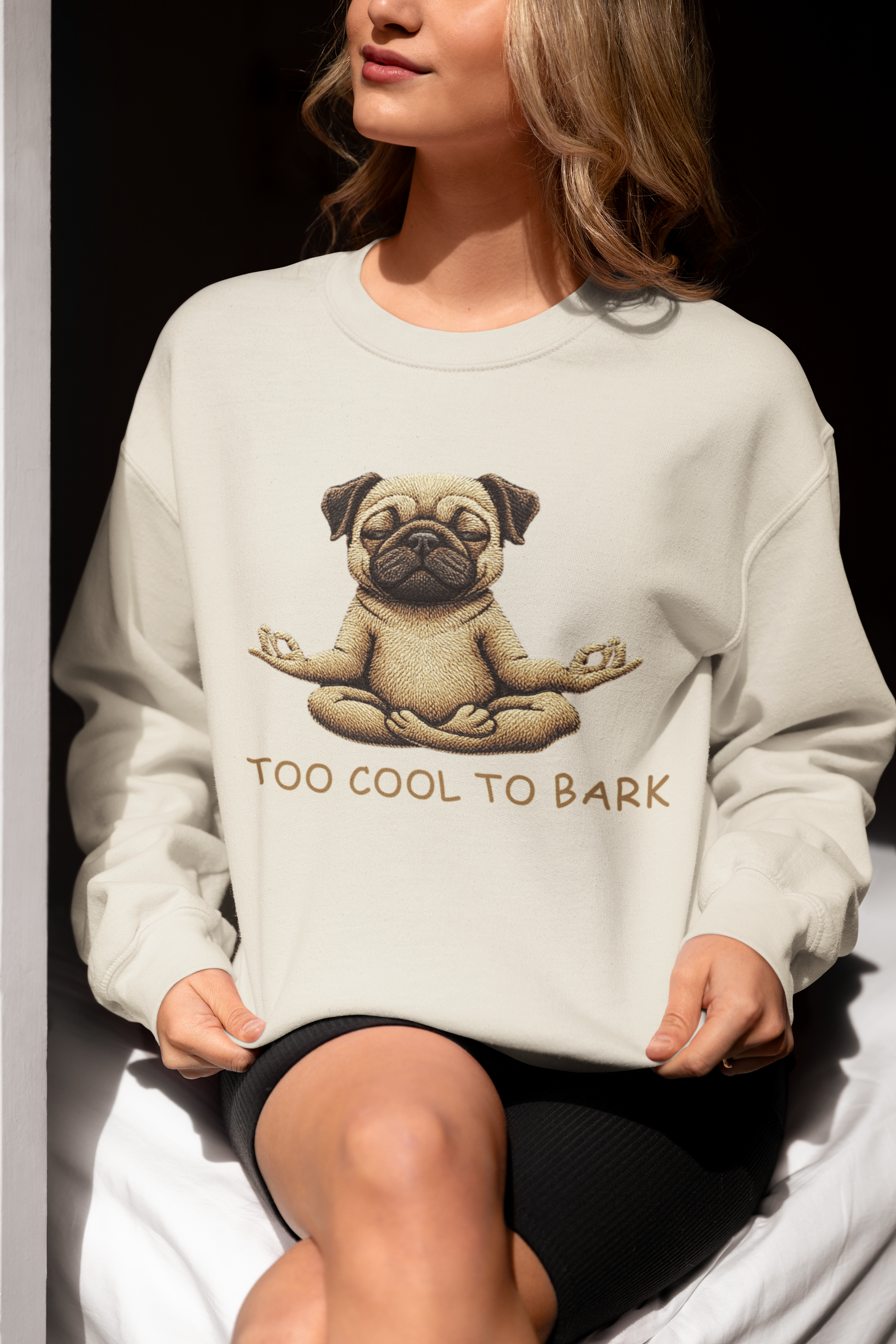 Pug Yoga Sweatshirt – "Too Cool to Bark" Cozy Crewneck